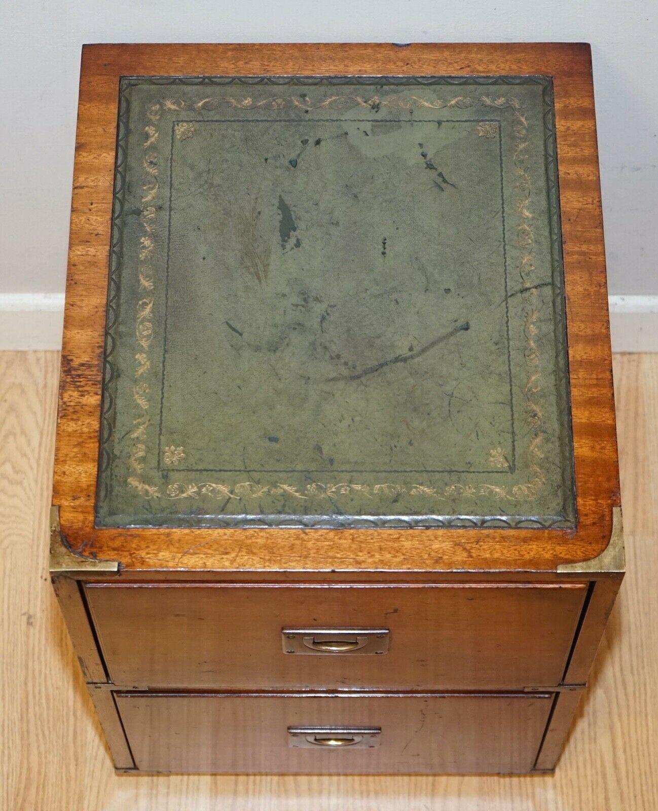 British Vintage Military Campaign Side/End Table Chest of Dawers with Green Leather Top