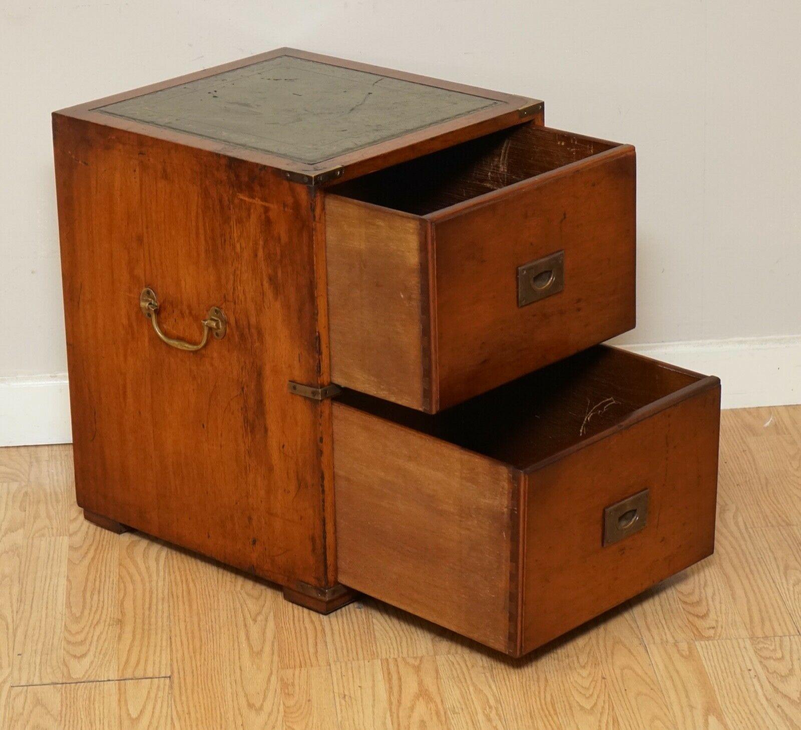 Hardwood Vintage Military Campaign Side/End Table Chest of Dawers with Green Leather Top