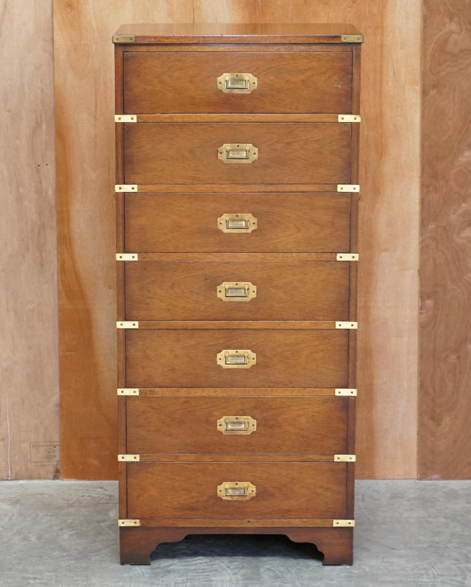 We are delighted to offer for sale this vintage Military Campaign tallboy chest of drawers in light mahogany with brass fixtures and fittings 

A good looking well made and decorative piece, it has some good age to and the timber has a lovely