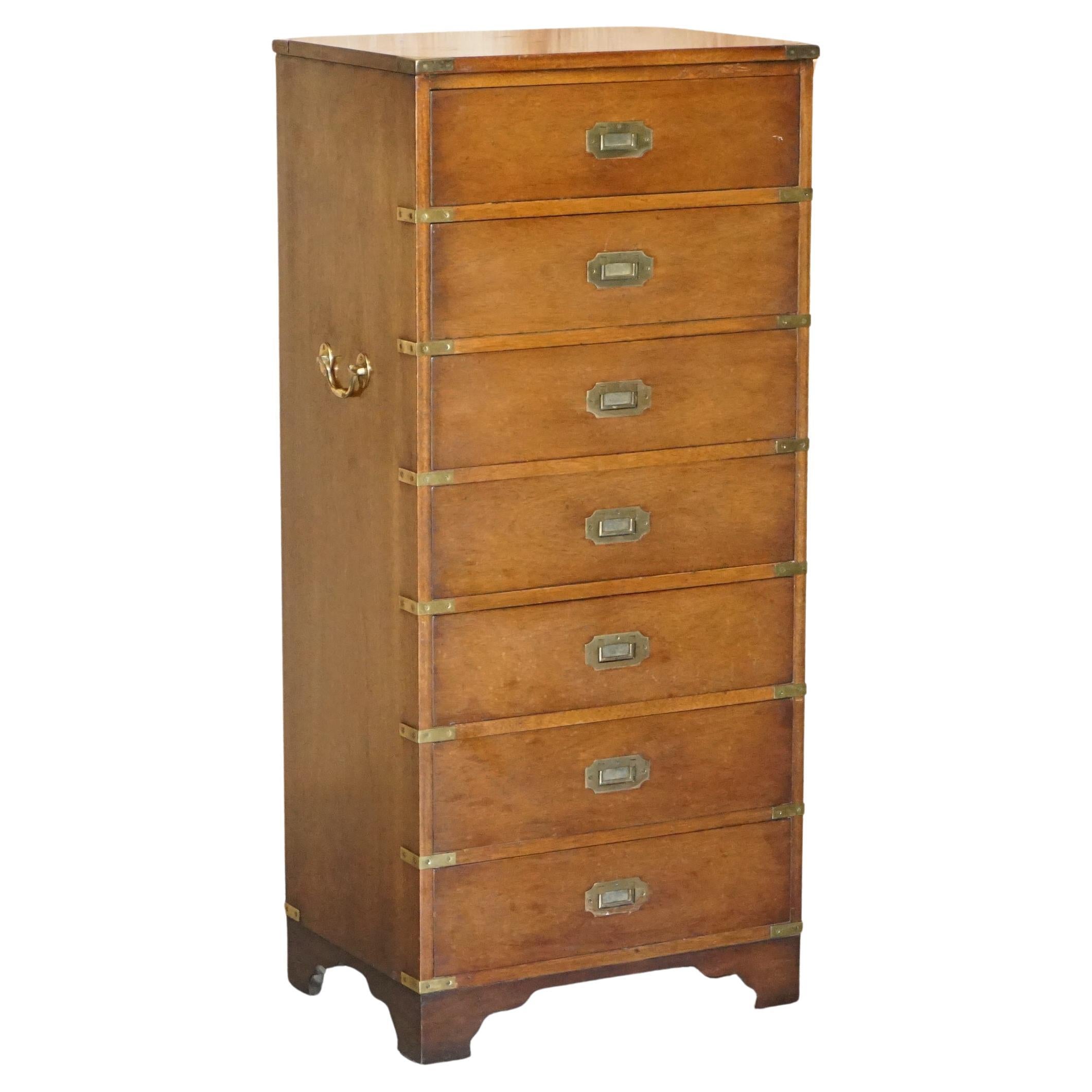 Vintage Military Campaign Tallboy Chest of Drawers in Light Hardwood Brass Trim