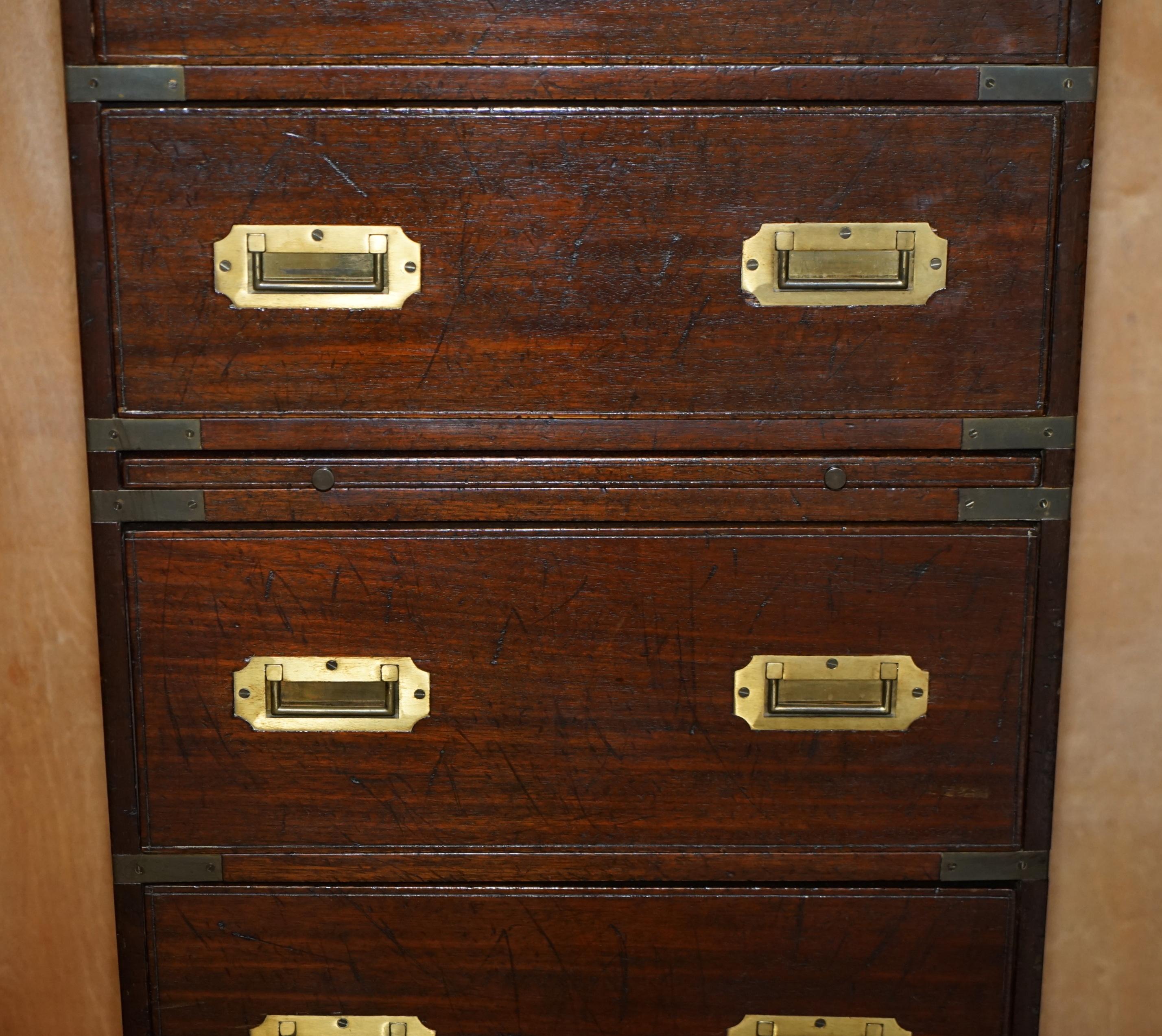 English Vintage Military Campaign Tallboy Chest of Drawers with Green Leather Slip Shelf