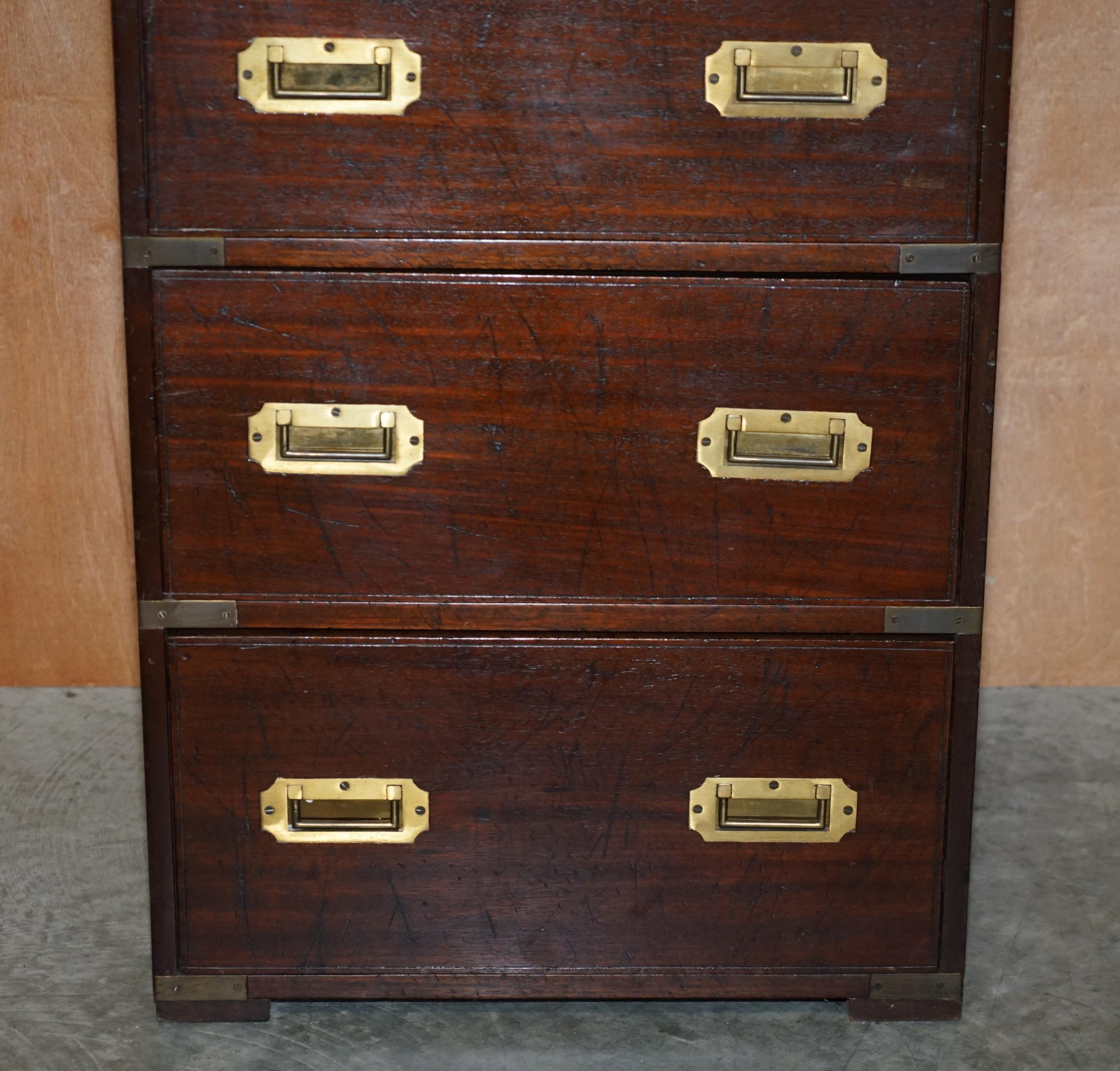 Hand-Crafted Vintage Military Campaign Tallboy Chest of Drawers with Green Leather Slip Shelf