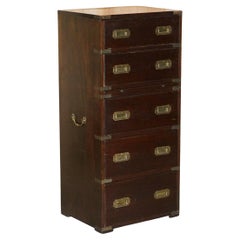 Vintage Military Campaign Tallboy Chest of Drawers with Green Leather Slip Shelf