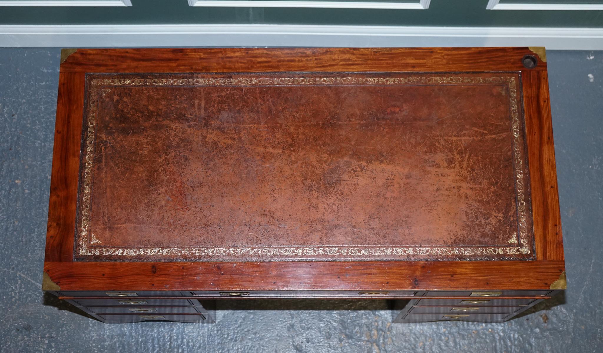 Vintage Military Campaign Twin Pedestal Desk with Brown Inlaid Leather Top 3