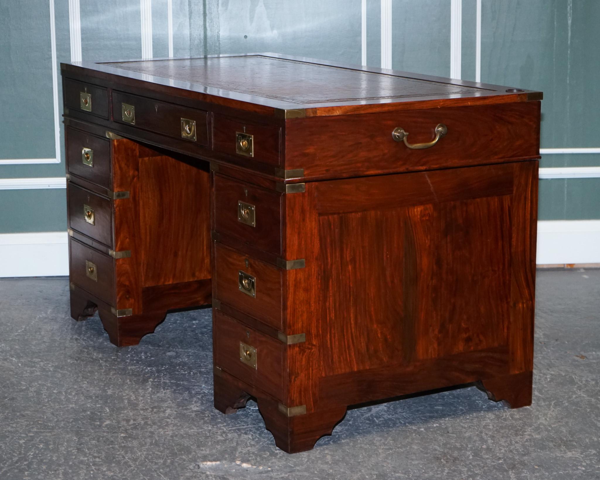 Vintage Military Campaign Twin Pedestal Desk with Brown Inlaid Leather Top 6