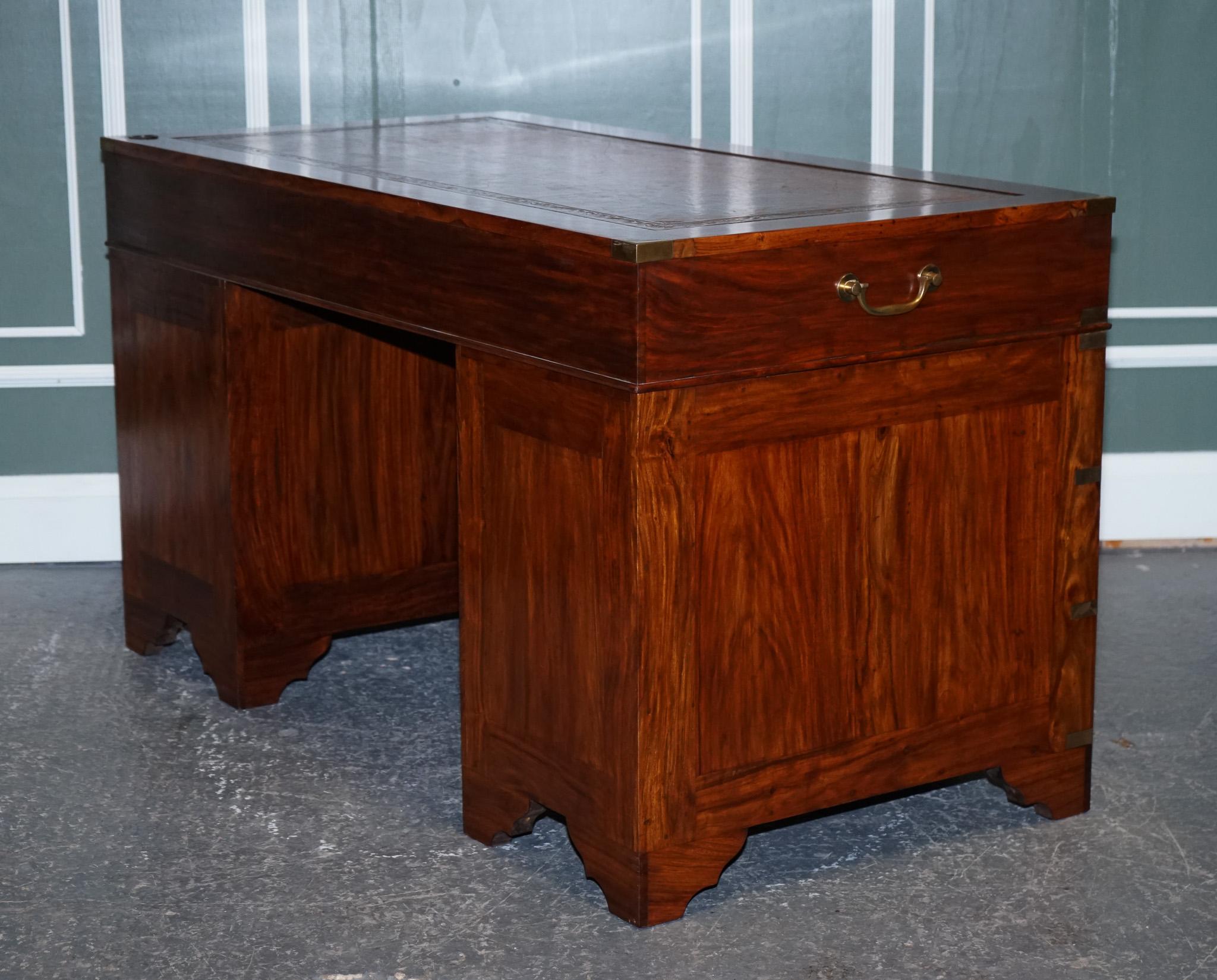 Vintage Military Campaign Twin Pedestal Desk with Brown Inlaid Leather Top 7