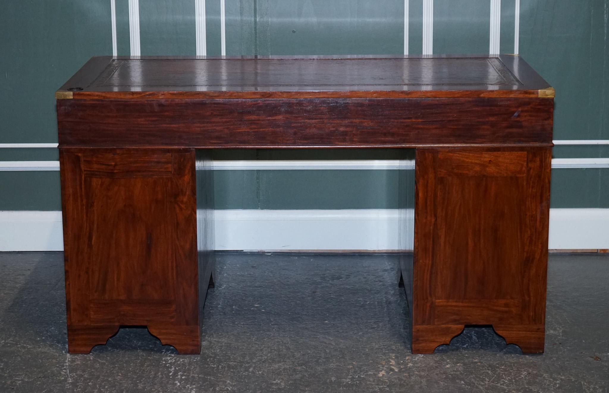 Vintage Military Campaign Twin Pedestal Desk with Brown Inlaid Leather Top 8