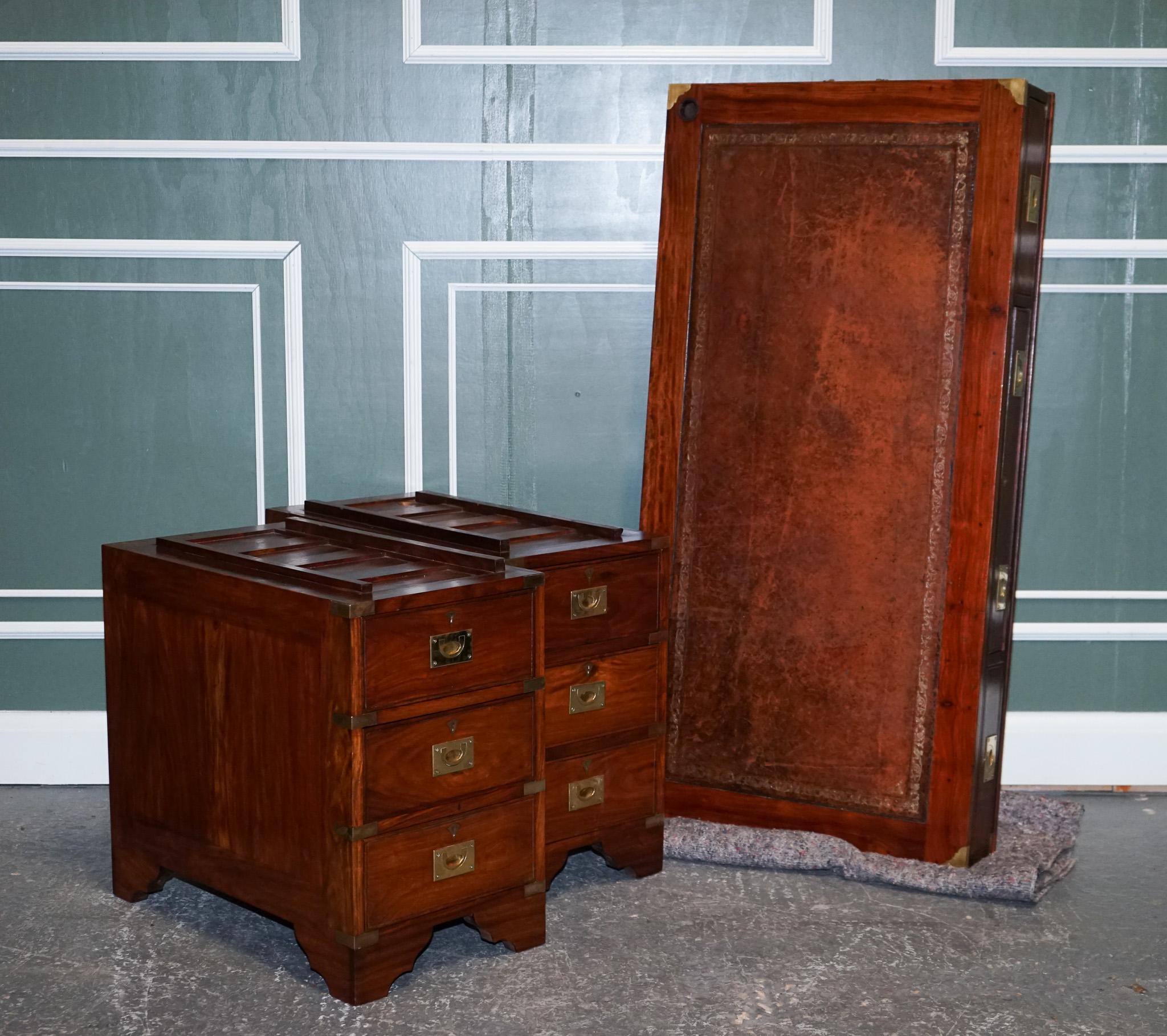 Vintage Military Campaign Twin Pedestal Desk with Brown Inlaid Leather Top 9