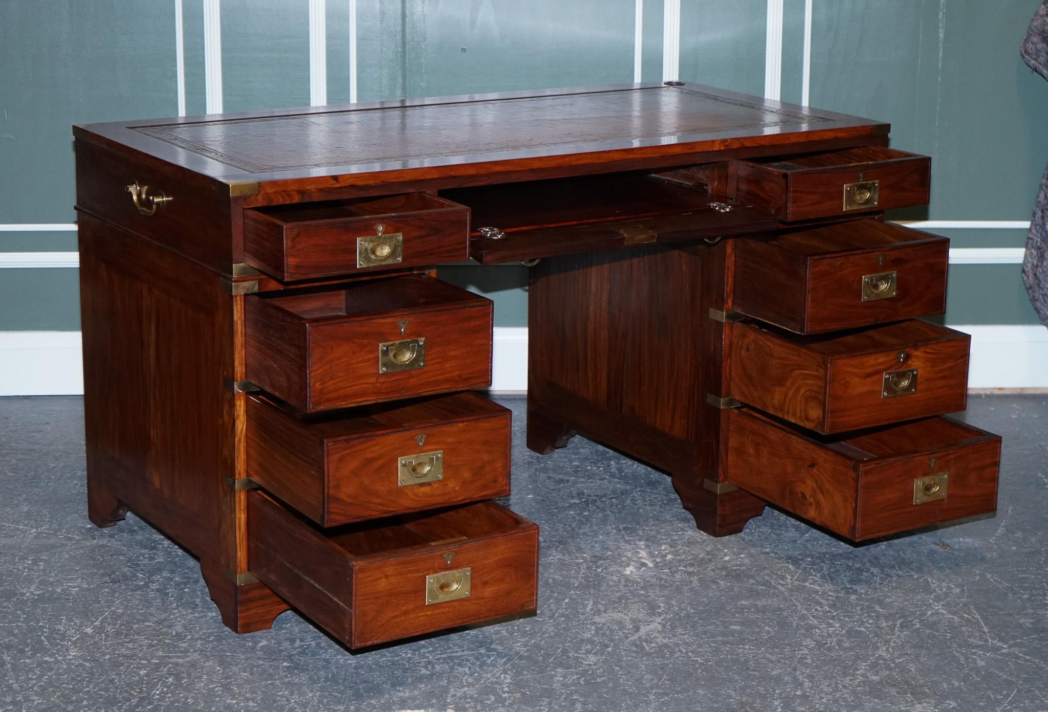 British Vintage Military Campaign Twin Pedestal Desk with Brown Inlaid Leather Top