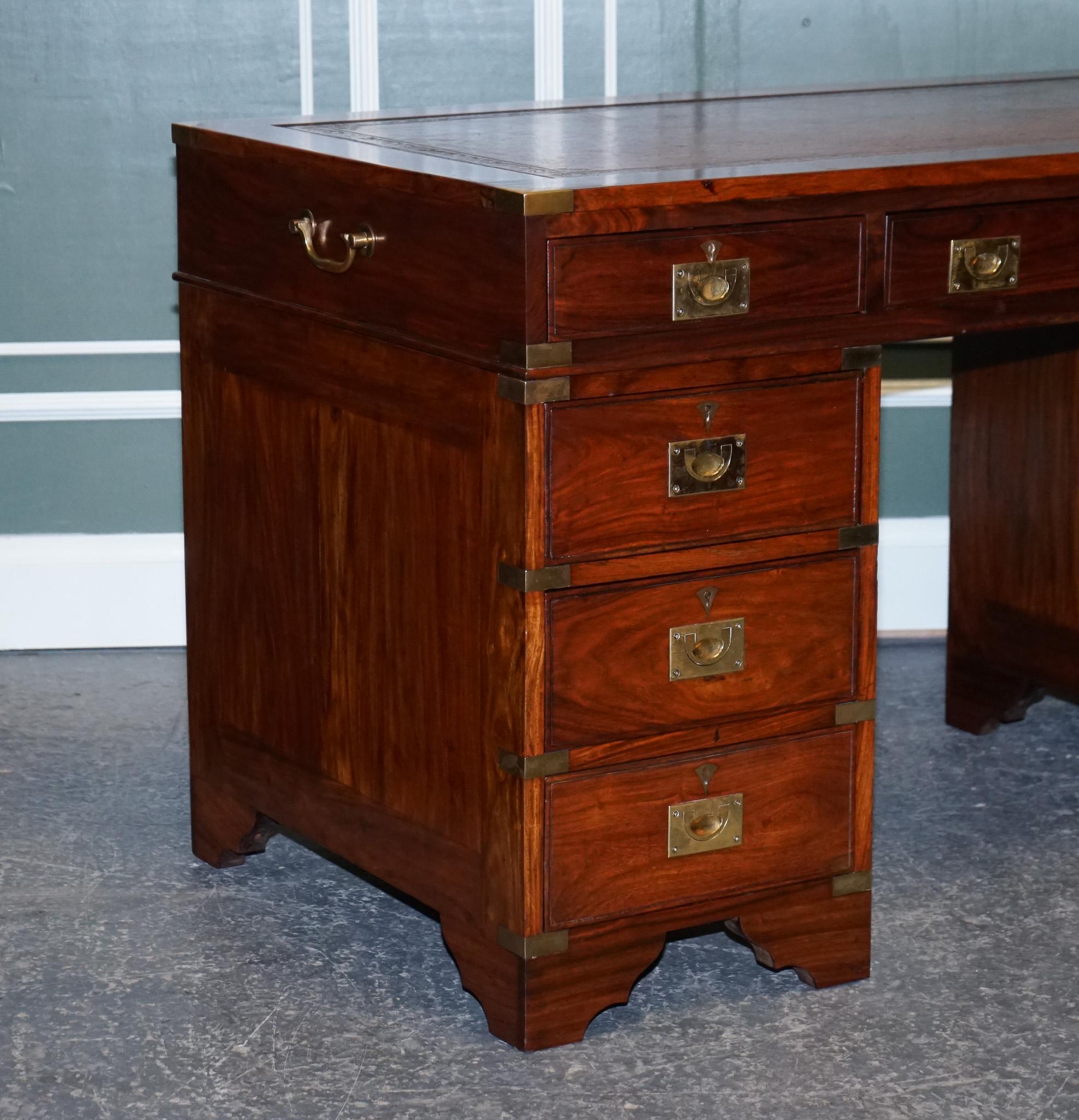 Hand-Crafted Vintage Military Campaign Twin Pedestal Desk with Brown Inlaid Leather Top