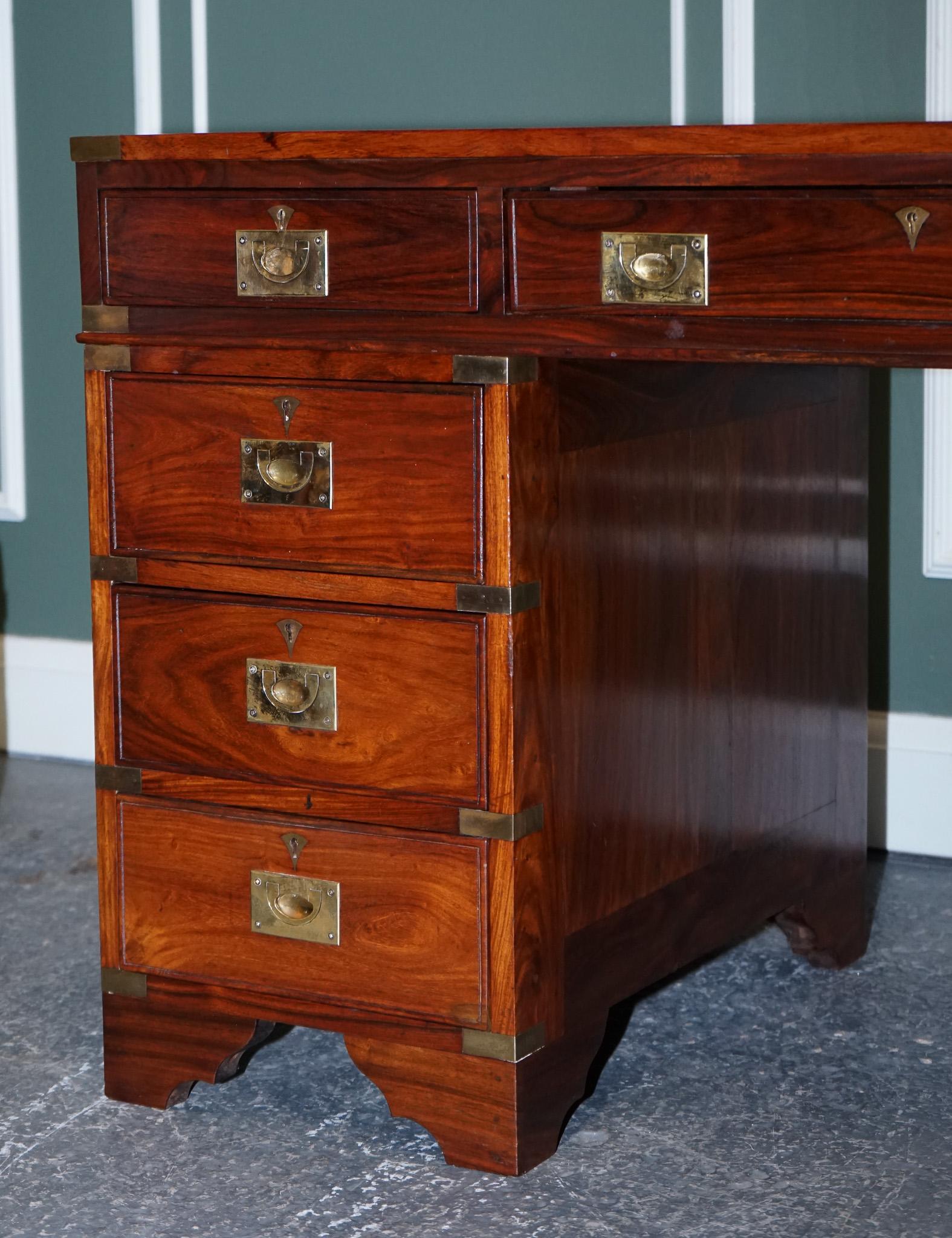 20th Century Vintage Military Campaign Twin Pedestal Desk with Brown Inlaid Leather Top