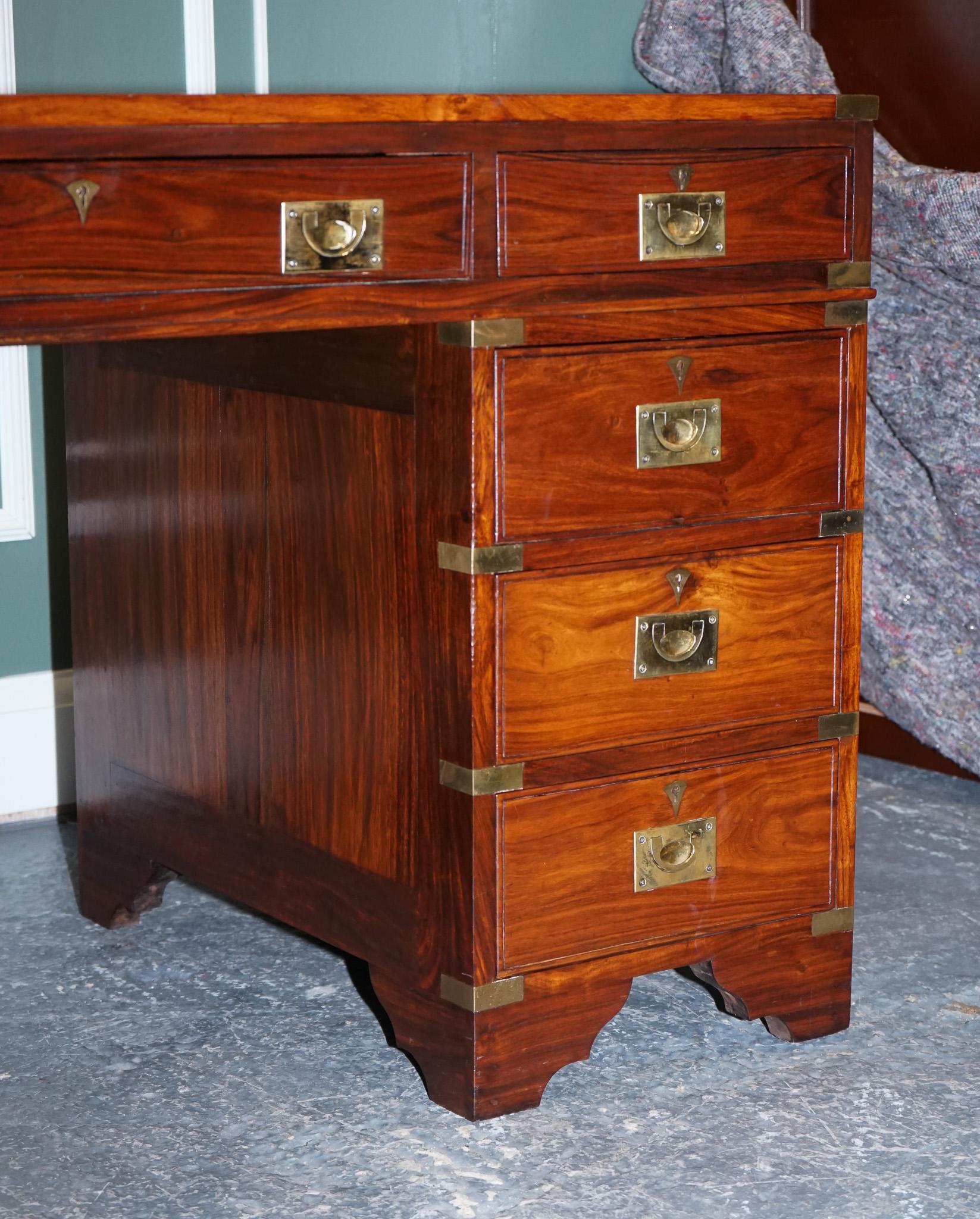 Hardwood Vintage Military Campaign Twin Pedestal Desk with Brown Inlaid Leather Top