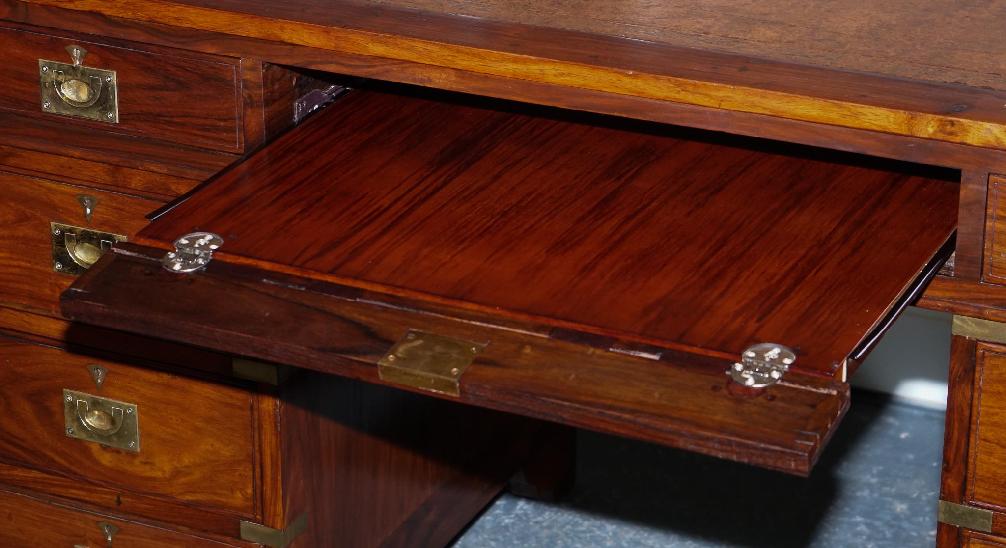 Vintage Military Campaign Twin Pedestal Desk with Brown Inlaid Leather Top 1