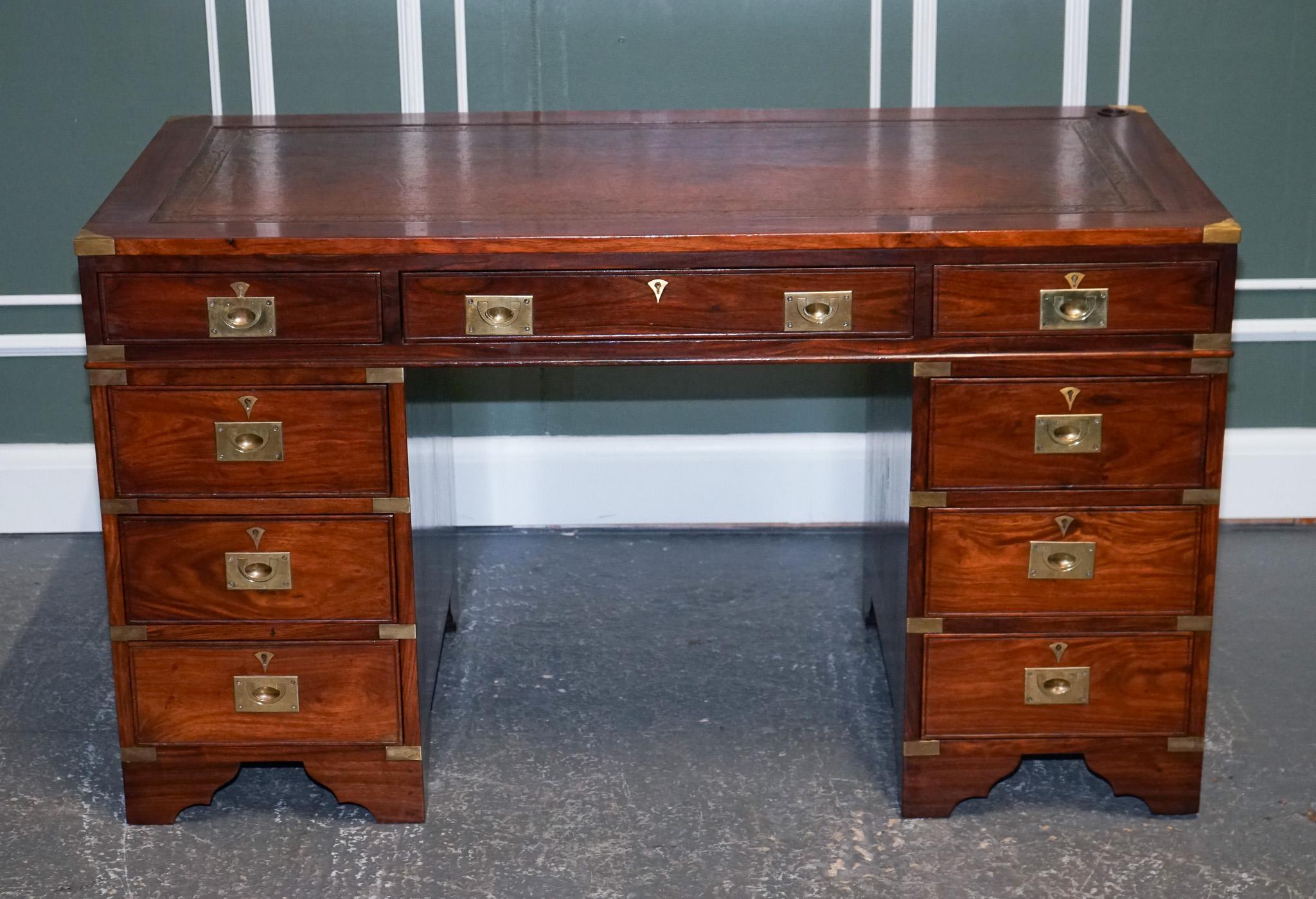 Vintage Military Campaign Twin Pedestal Desk with Brown Inlaid Leather Top 2