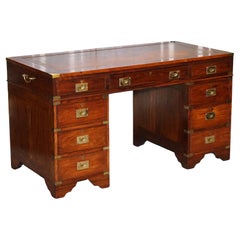 Vintage Military Campaign Twin Pedestal Desk with Brown Inlaid Leather Top