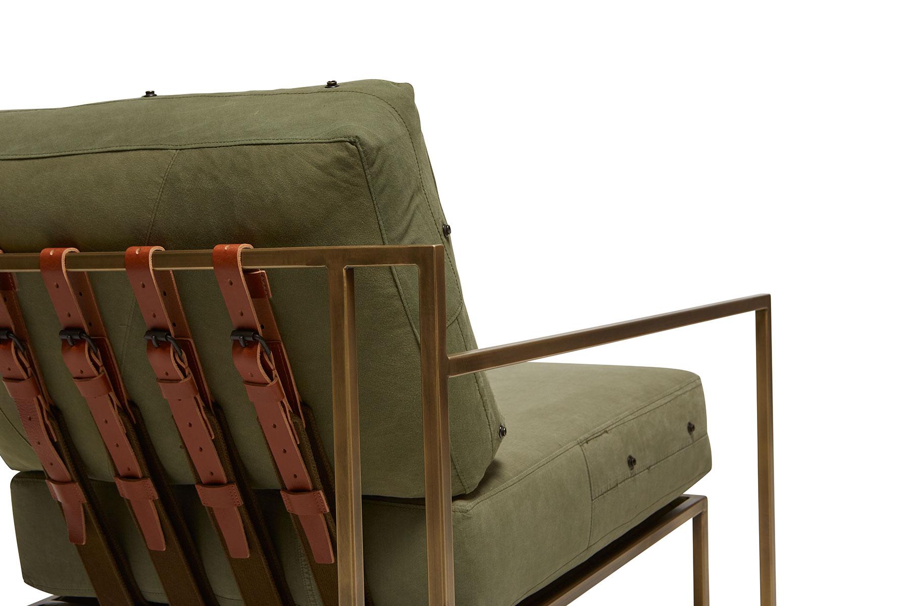 Modern Vintage Military Canvas and Antique Brass Armchair For Sale