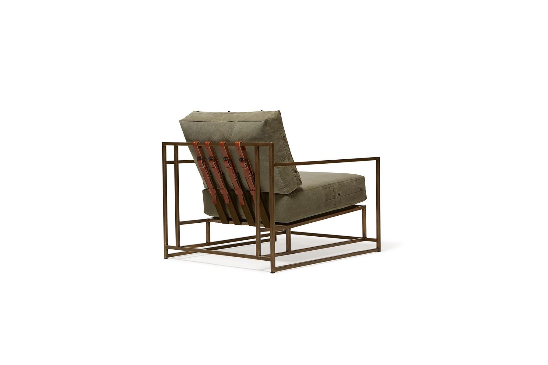 Modern Vintage Military Canvas and Antique Brass Armchair For Sale