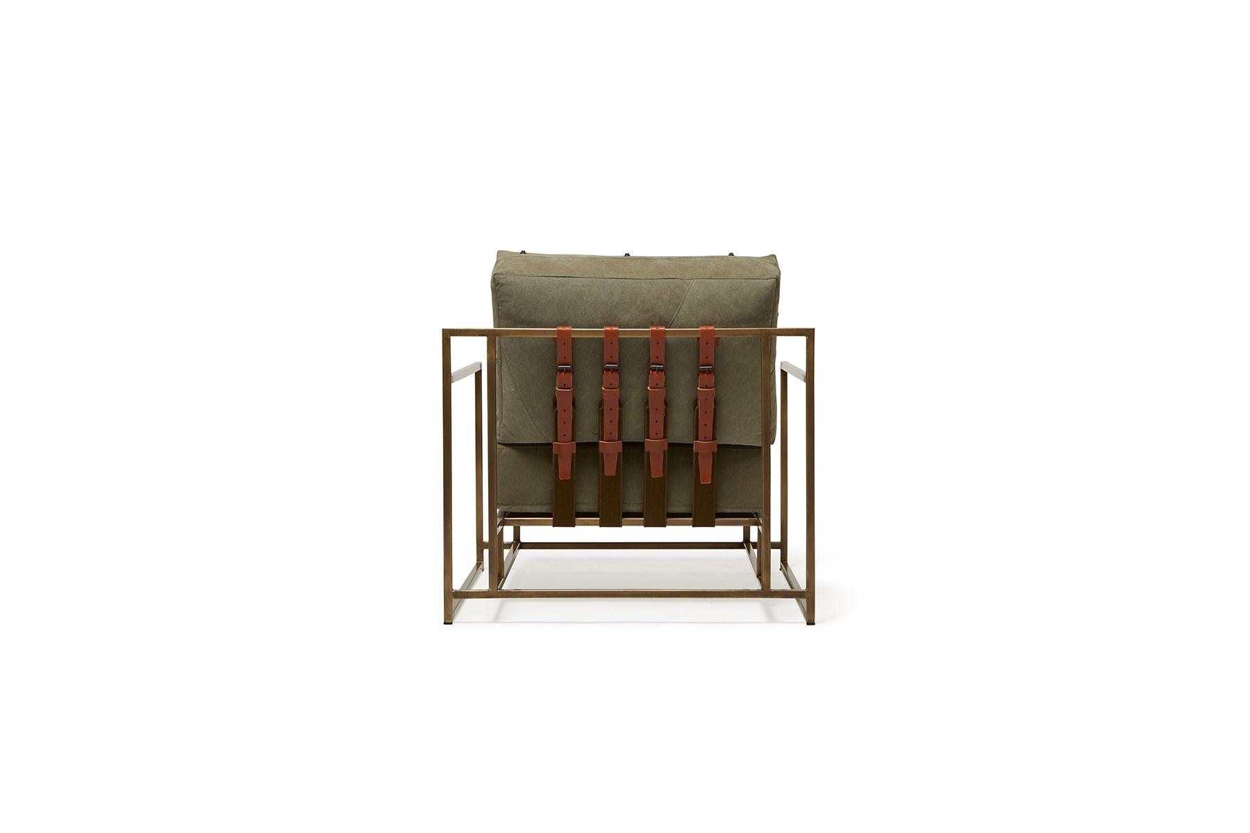 American Vintage Military Canvas and Antique Brass Armchair For Sale