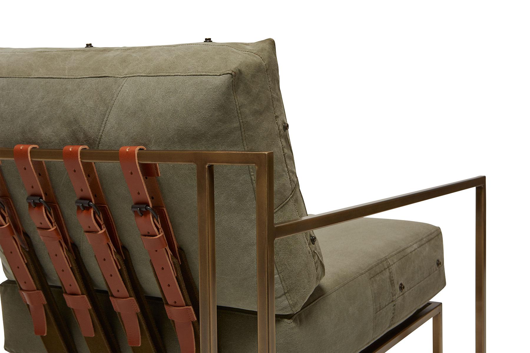 Contemporary Vintage Military Canvas and Antique Brass Armchair For Sale