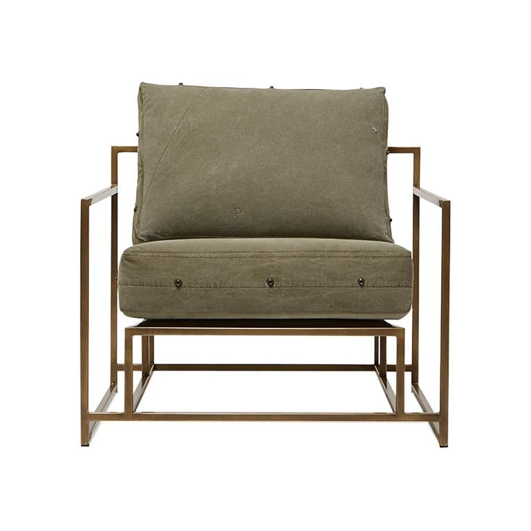 Vintage Military Canvas and Antique Brass Armchair For Sale