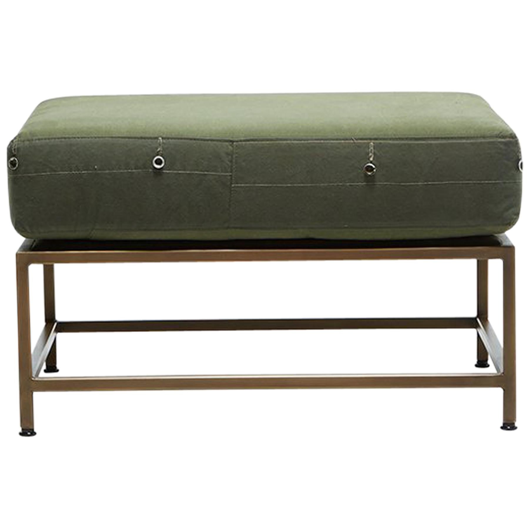 Vintage Military Canvas and Antique Brass Ottoman For Sale