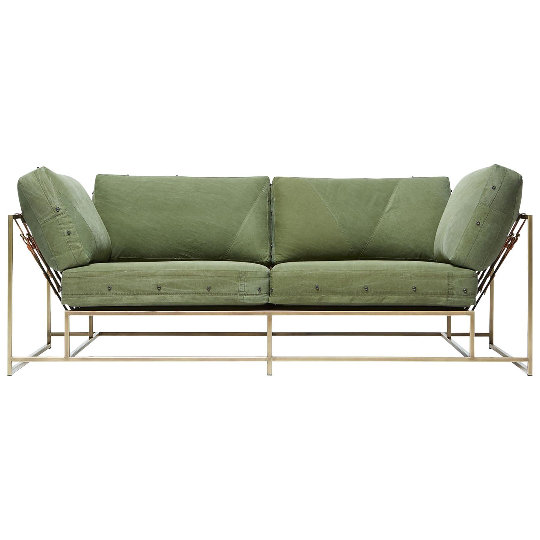 Vintage Military Canvas and Antique Brass Two-Seat Sofa