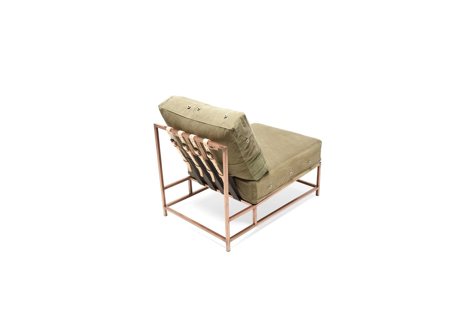 Modern Vintage Military Canvas and Antique Copper Chair For Sale