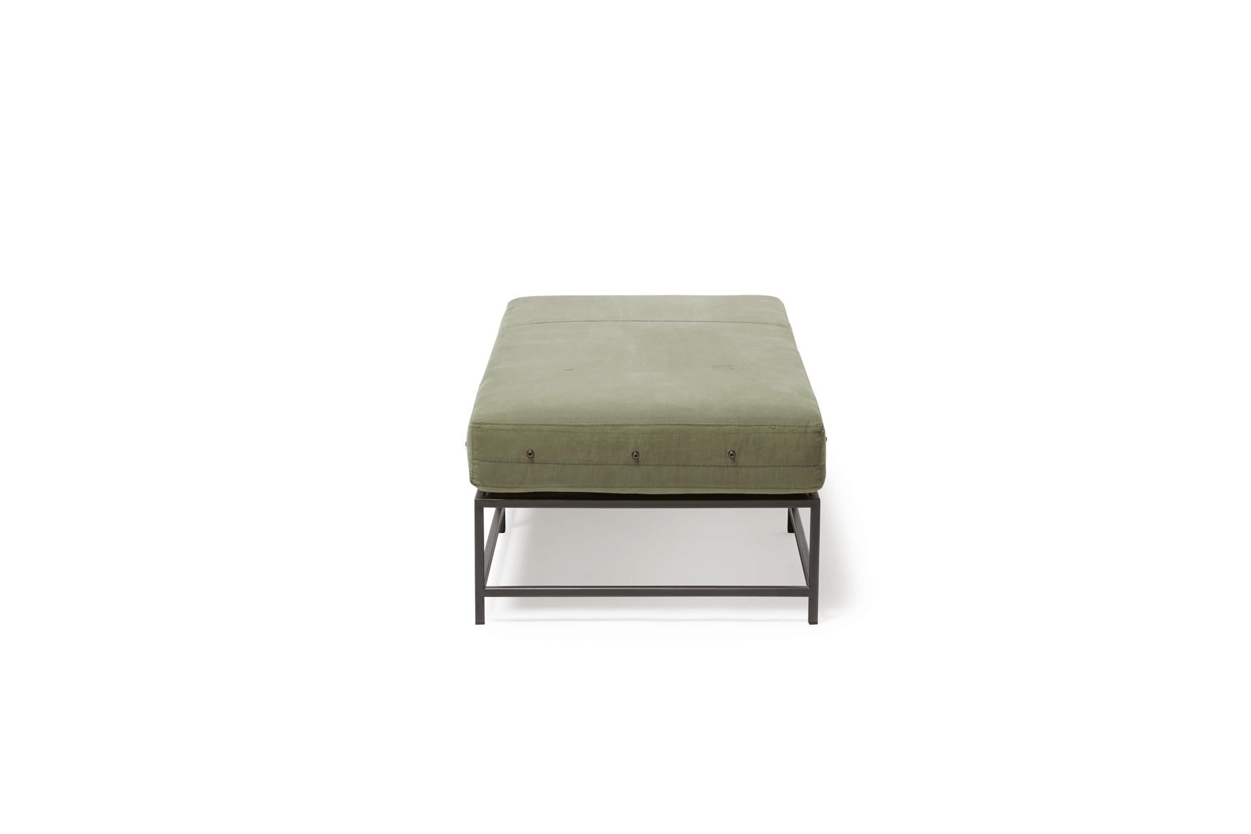 Modern Vintage Military Canvas and Blackened Steel Bench For Sale