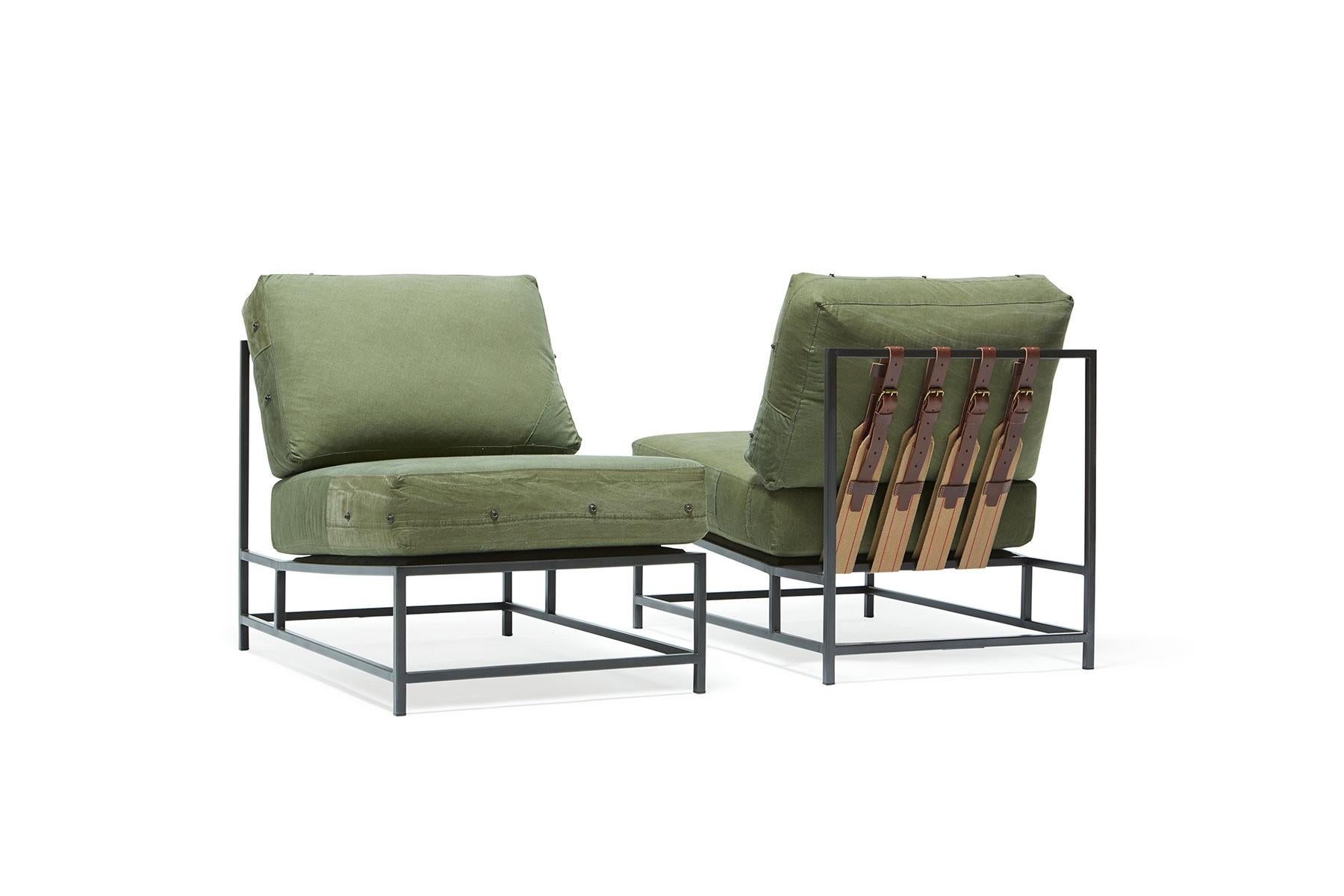 Stuhl aus Militär-Leinwand und geschwärztem Stahl im Vintage-Stil im Angebot 1