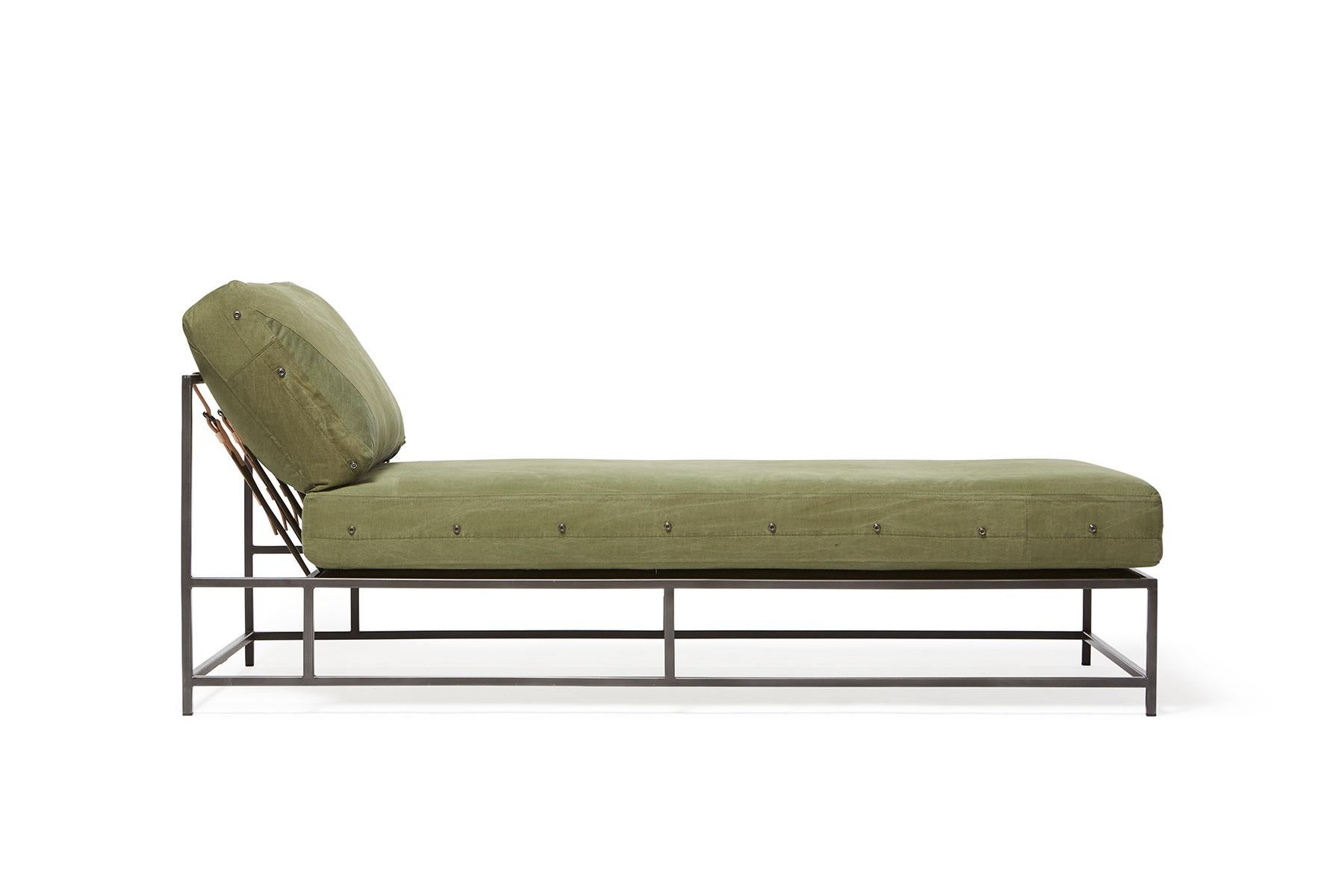 Modern Vintage Military Canvas and Blackened Steel Chaise Lounge For Sale