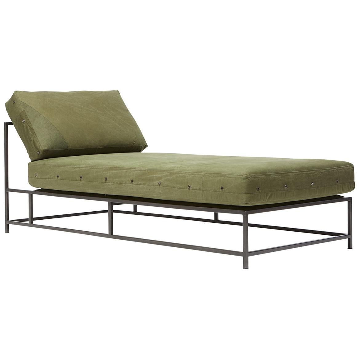 Vintage Military Canvas and Blackened Steel Chaise Lounge For Sale