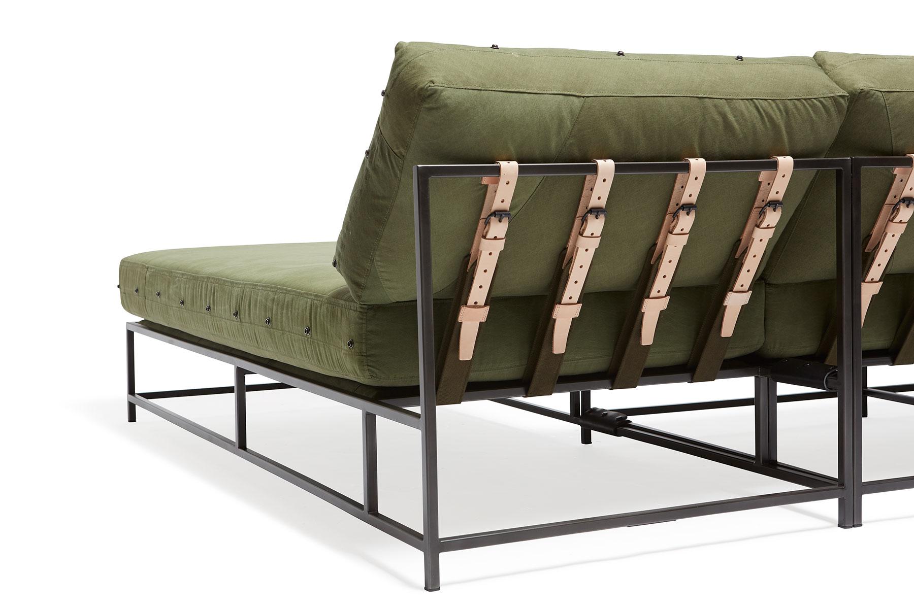 Modern Vintage Military Canvas and Blackened Steel Small Sectional For Sale