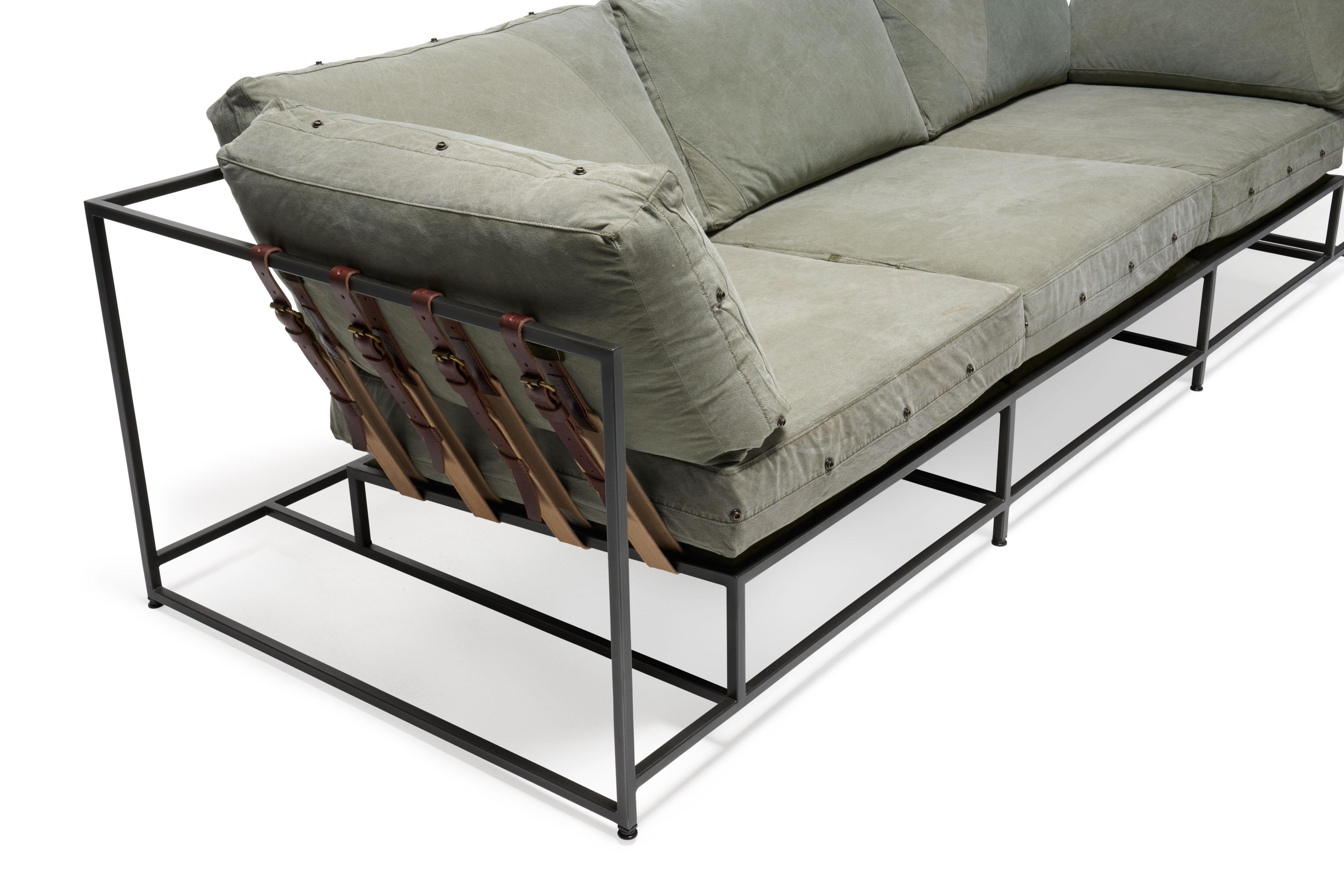 Modern Vintage Military Canvas and Blackened Steel Sofa For Sale