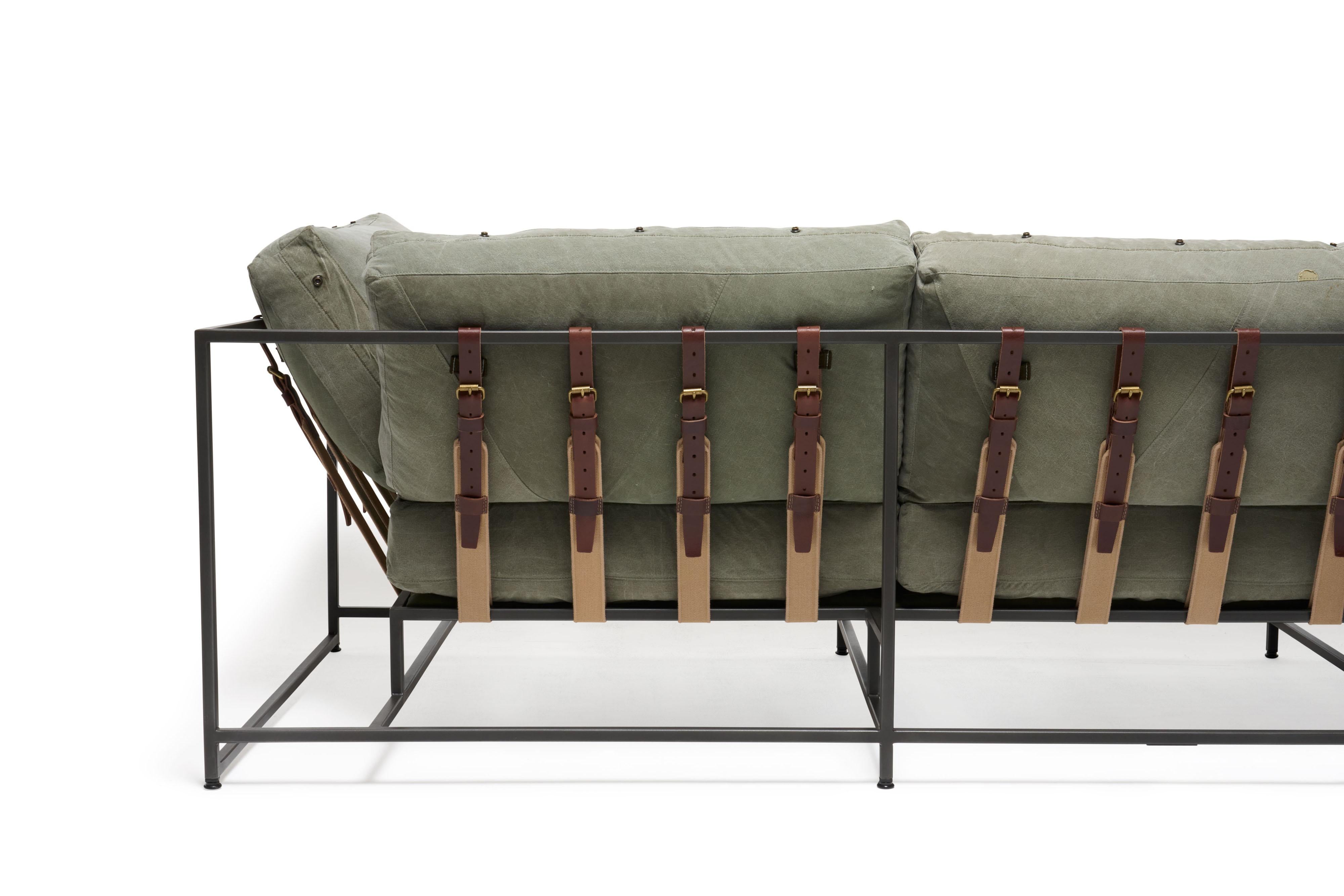 American Vintage Military Canvas and Blackened Steel Sofa For Sale