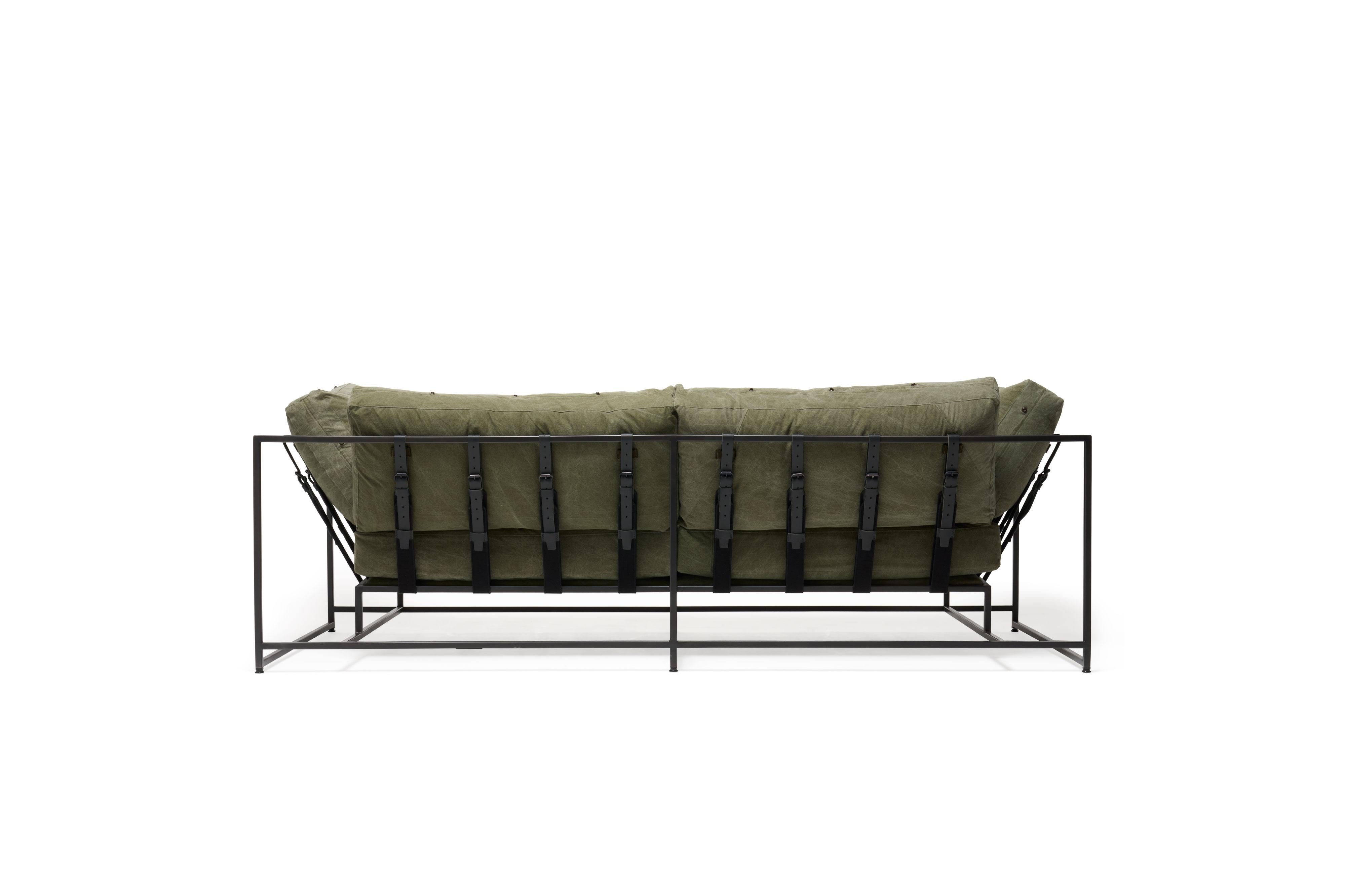 Modern Vintage Military Canvas and Blackened Steel Two-Seat Sofa For Sale