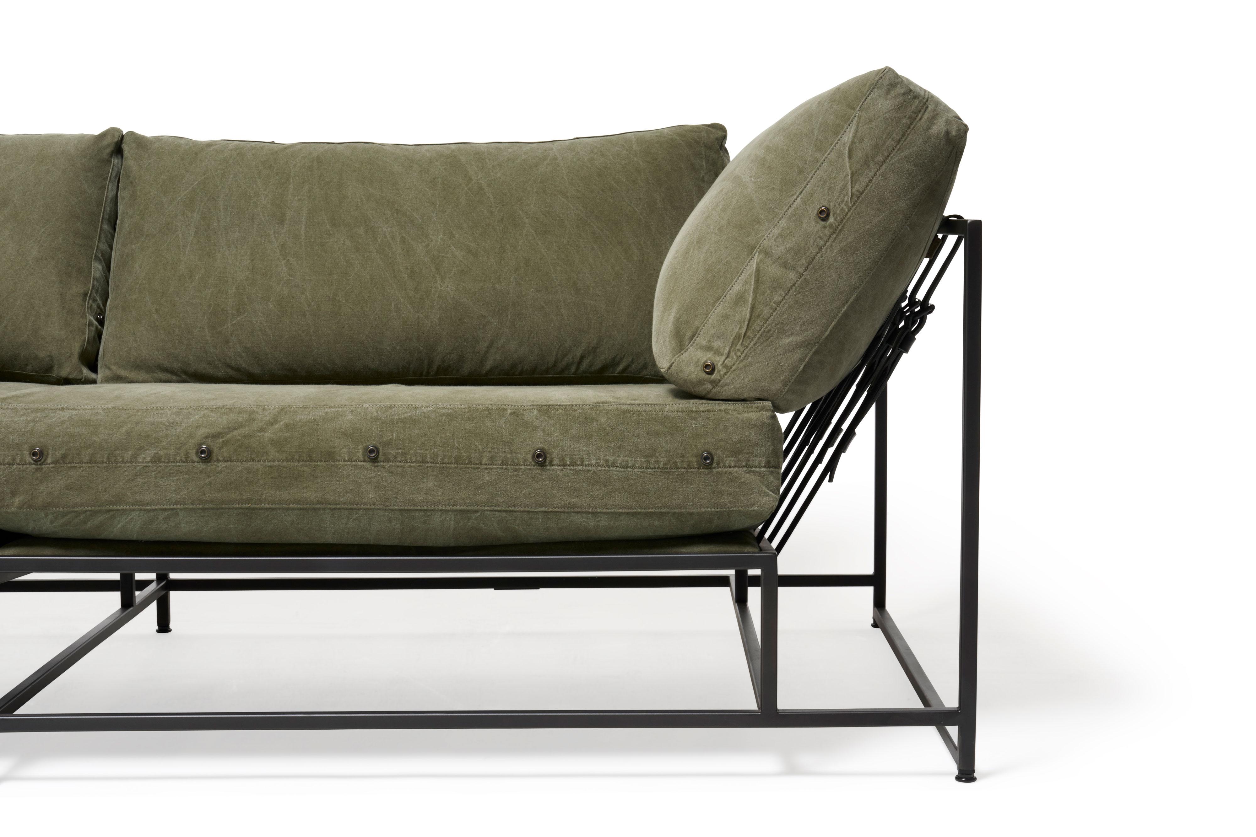American Vintage Military Canvas and Blackened Steel Two-Seat Sofa For Sale