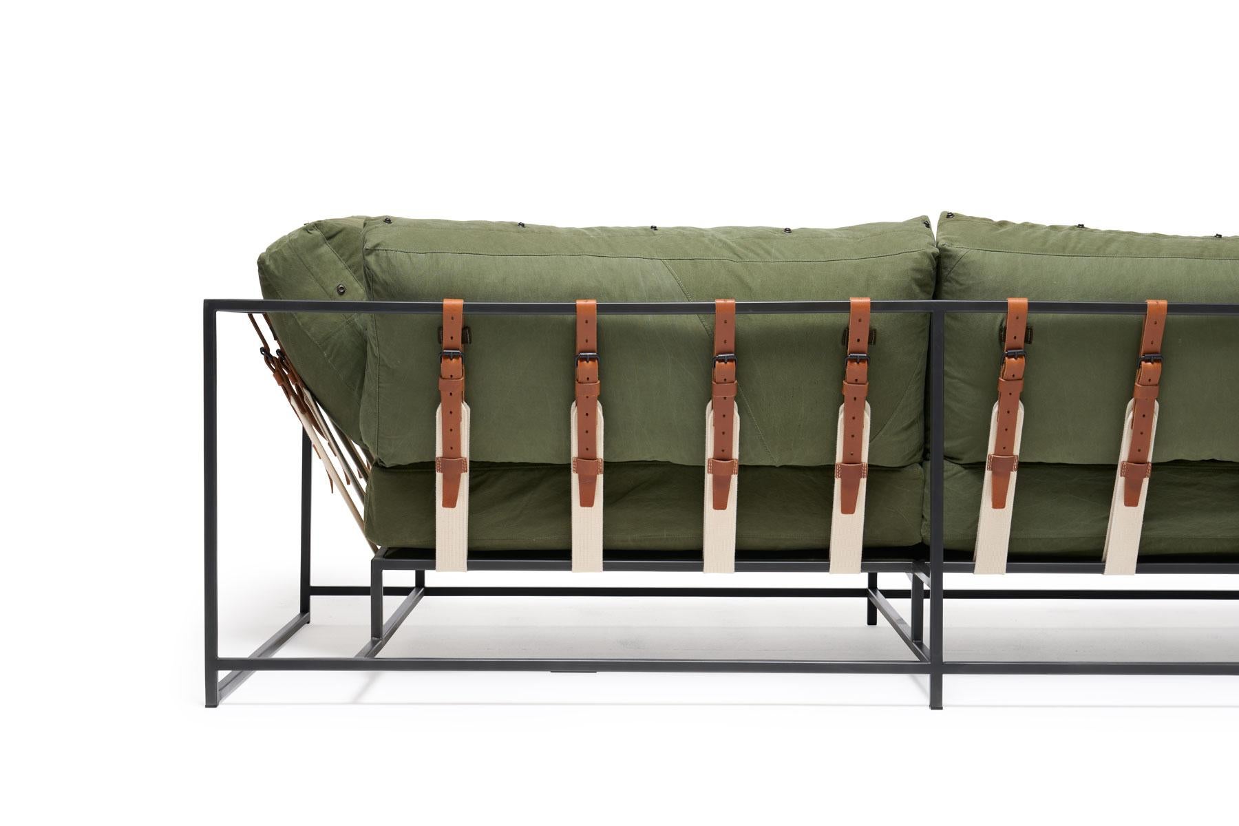 Modern Vintage Military Canvas and Blackened Steel Two-Seat Sofa For Sale