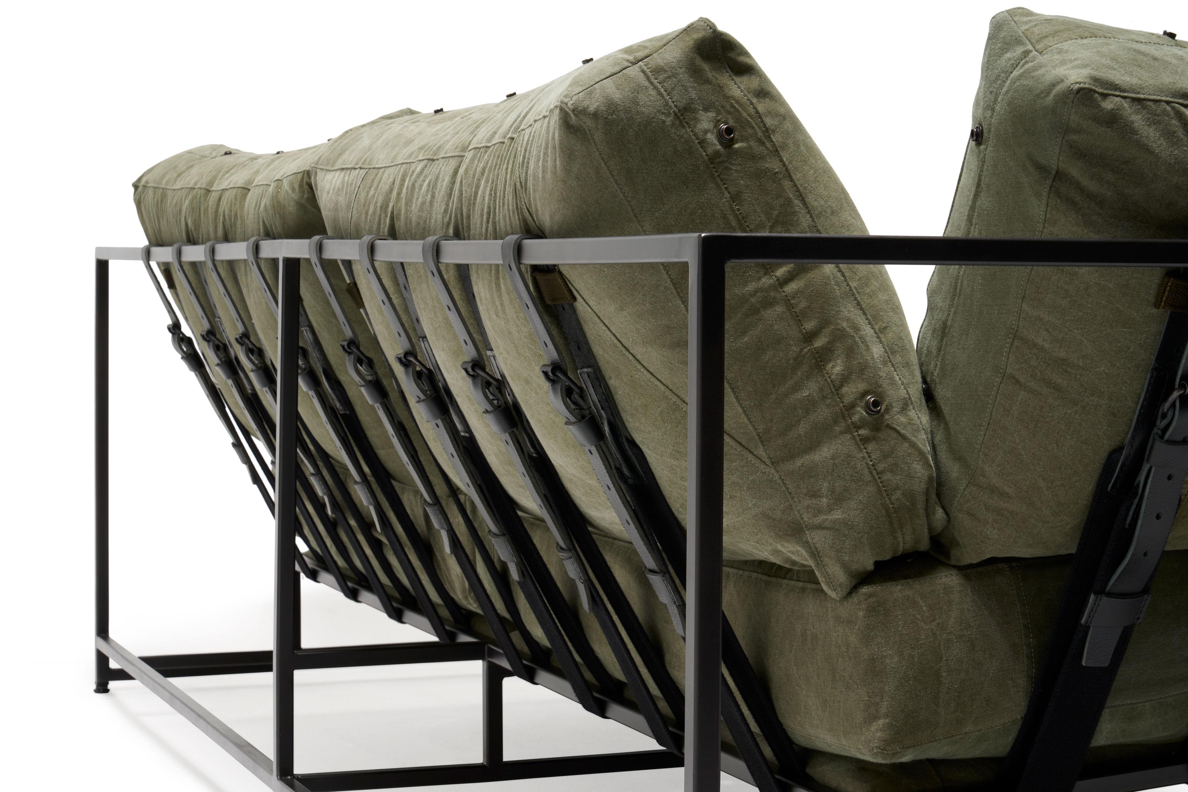 Contemporary Vintage Military Canvas and Blackened Steel Two-Seat Sofa For Sale