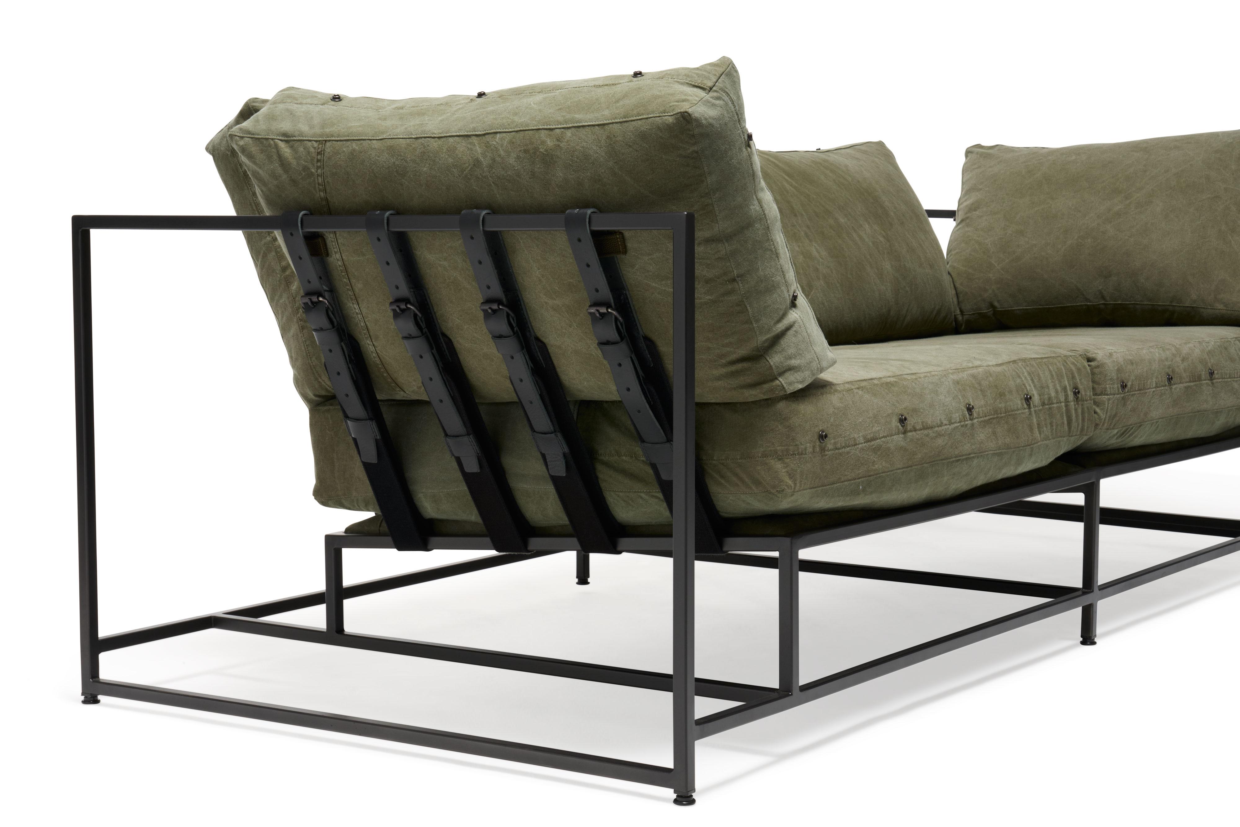 Vintage Military Canvas and Blackened Steel Two-Seat Sofa For Sale 1