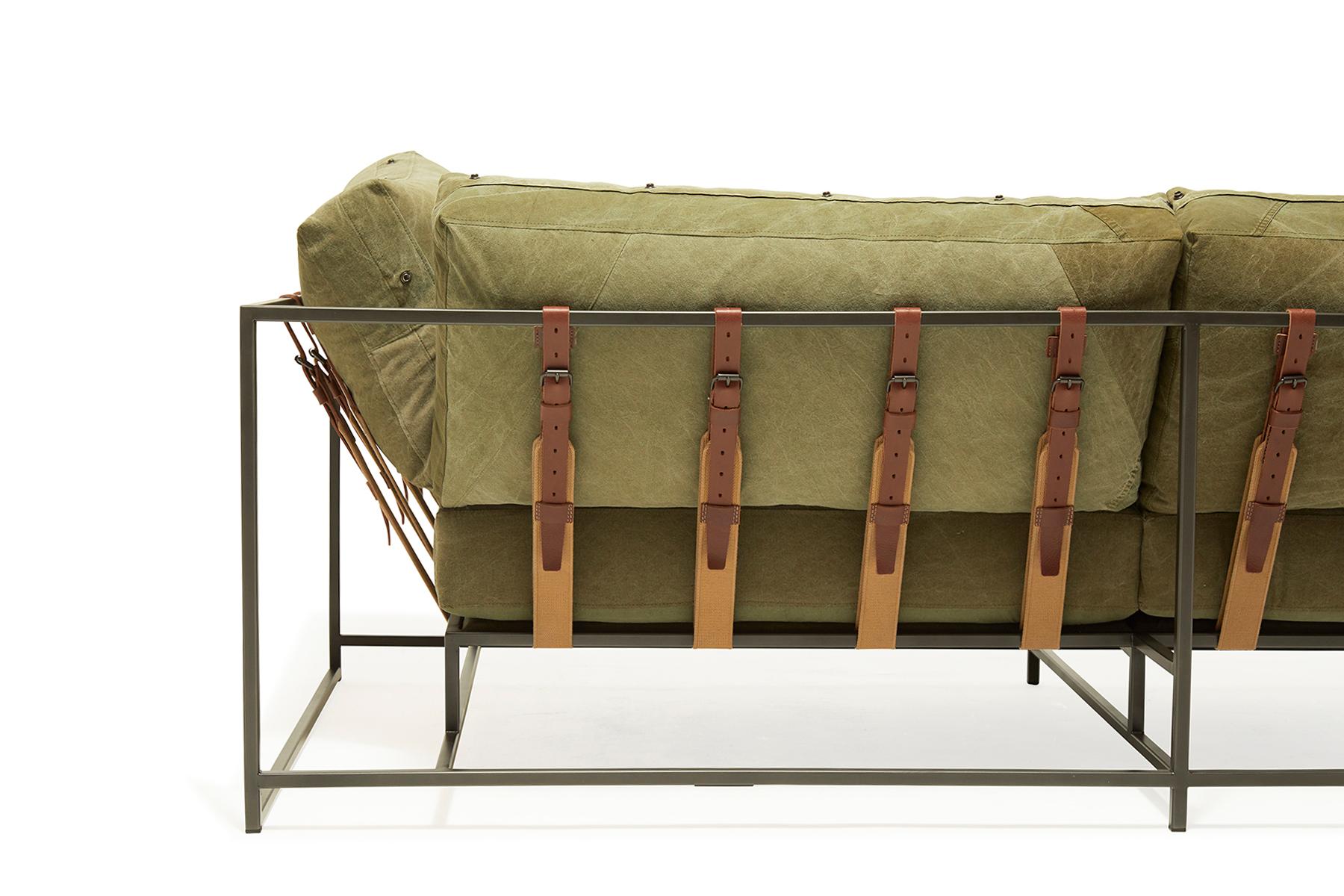 Modern Vintage Military Canvas and Blackened Steel Two-Seat Sofa with Taupe Belting For Sale
