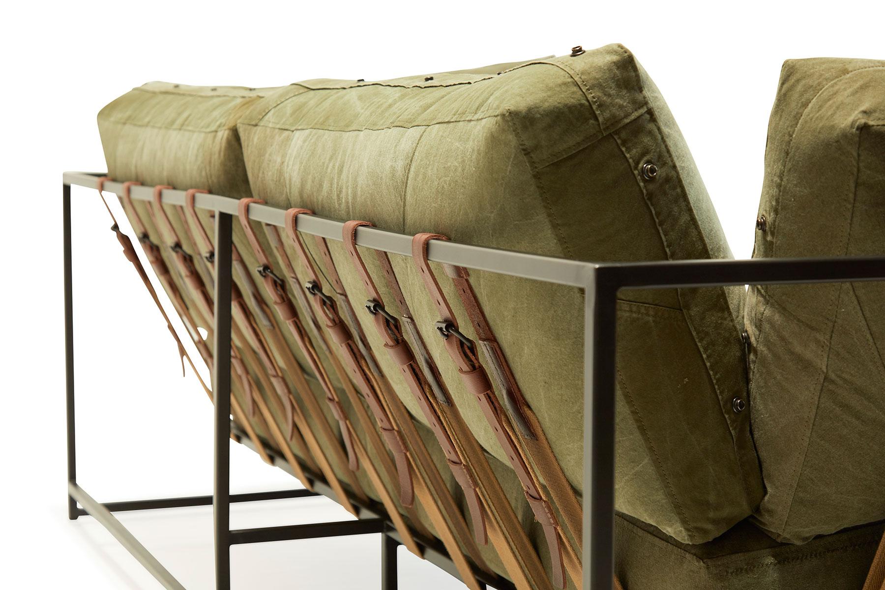 American Vintage Military Canvas and Blackened Steel Two-Seat Sofa with Taupe Belting For Sale