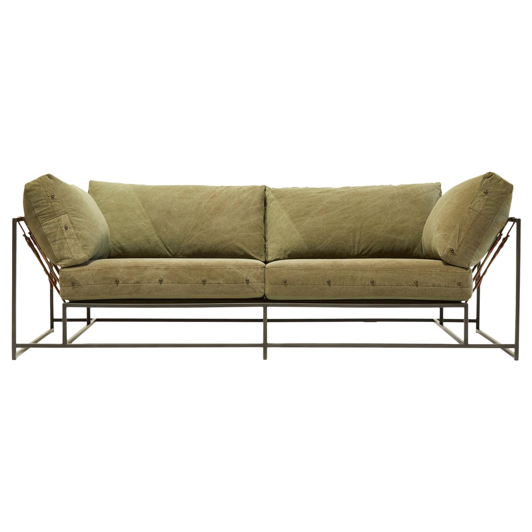Vintage Military Canvas and Blackened Steel V2 Two-Seat Sofa