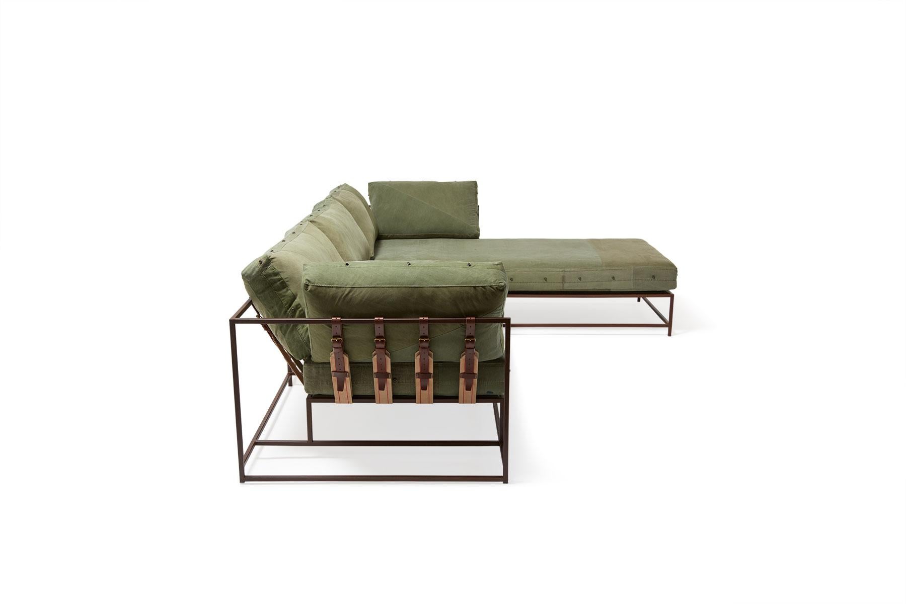Modern Vintage Military Canvas & Marbled Rust Lounge Sectional For Sale