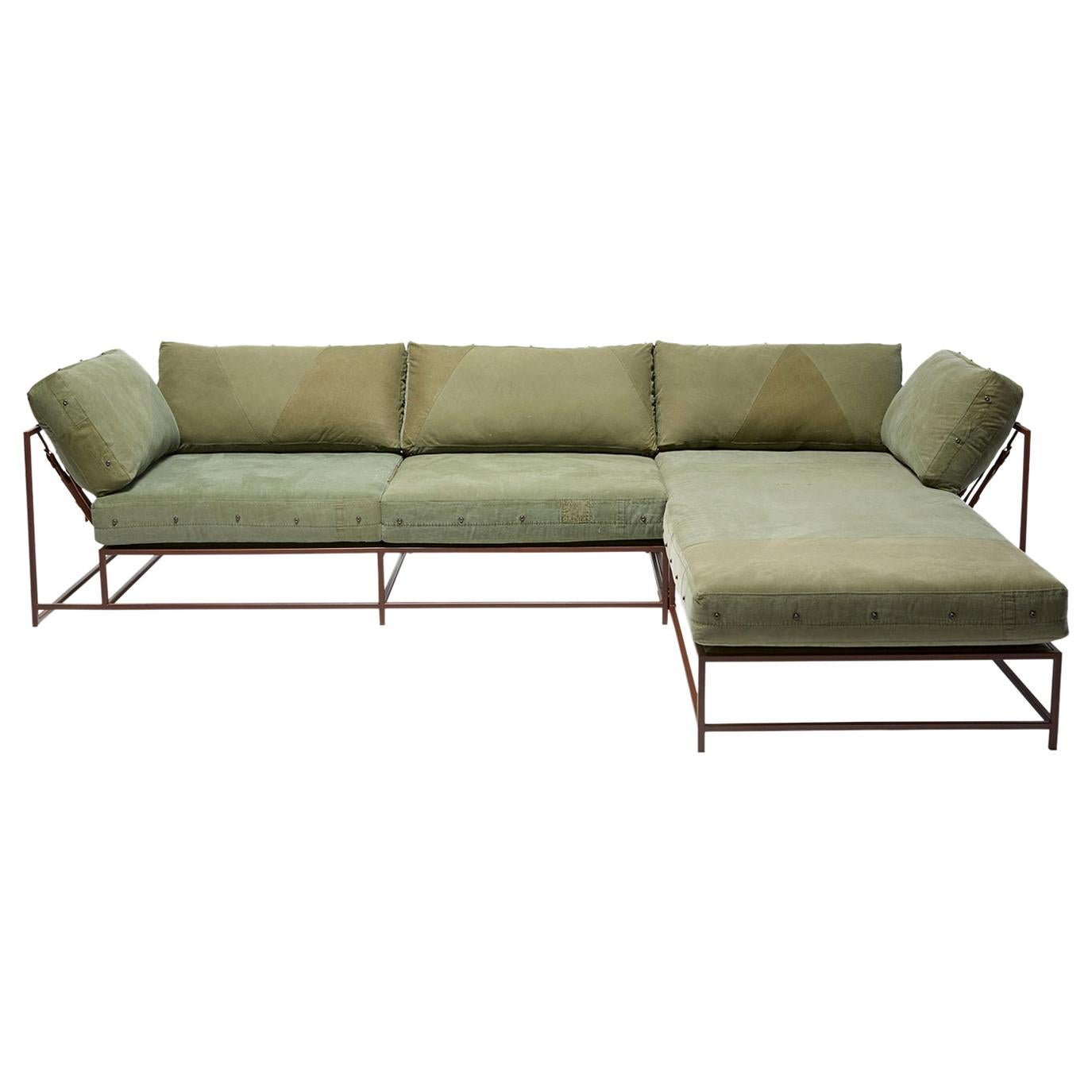 Vintage Military Canvas & Marbled Rust Lounge Sectional For Sale
