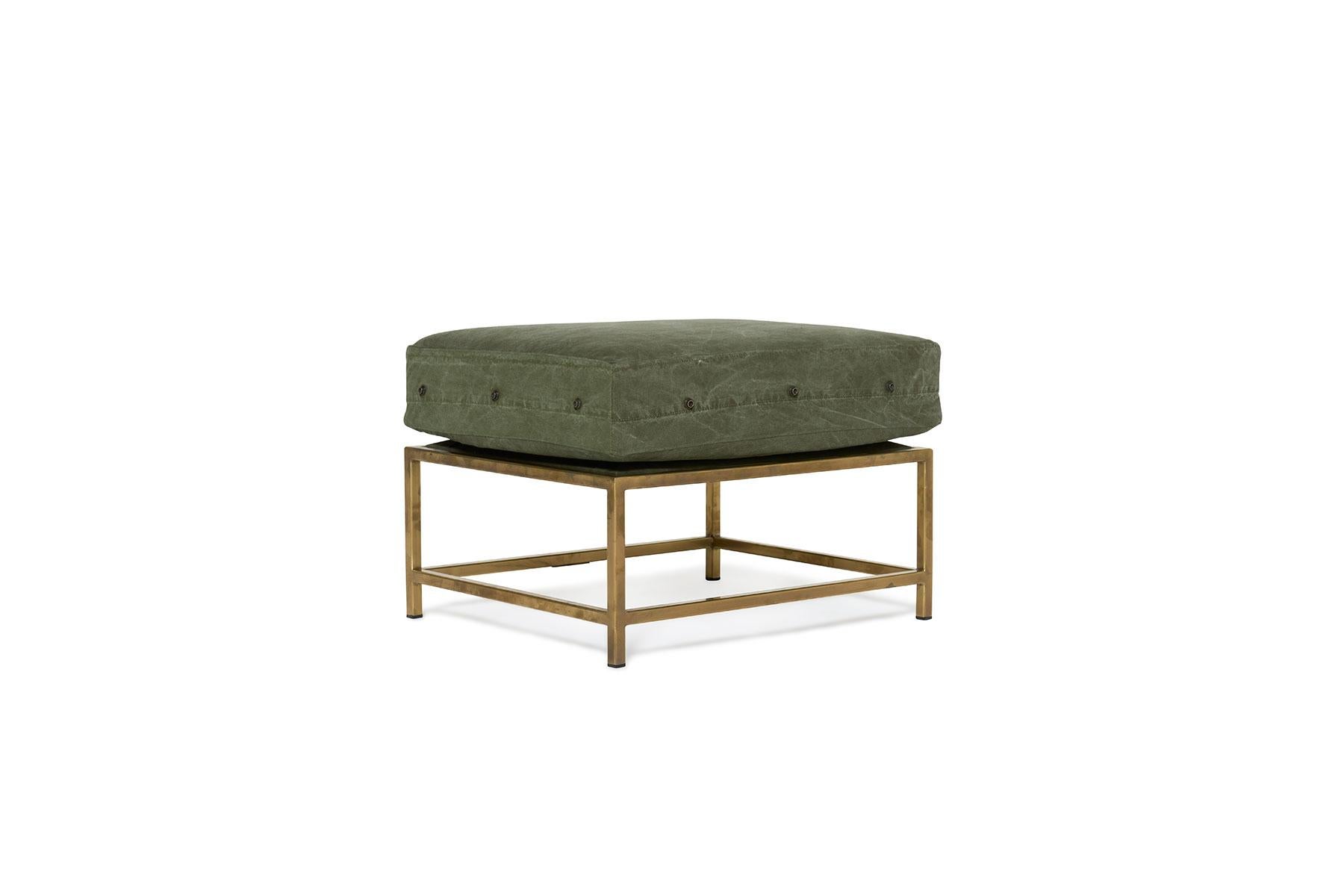 Modern Vintage Military Canvas and Tarnished Brass Ottoman For Sale