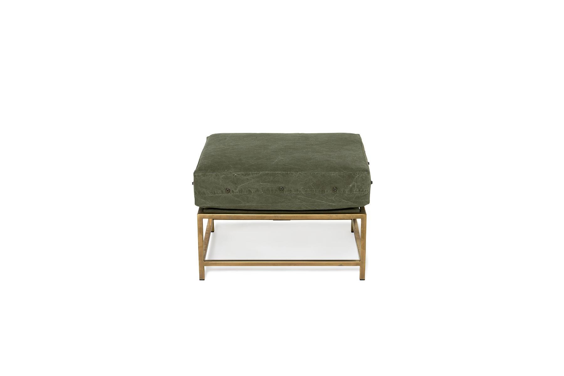 Contemporary Vintage Military Canvas and Tarnished Brass Ottoman For Sale