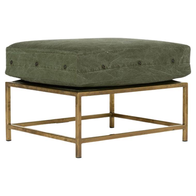 Vintage Military Canvas and Tarnished Brass Ottoman For Sale