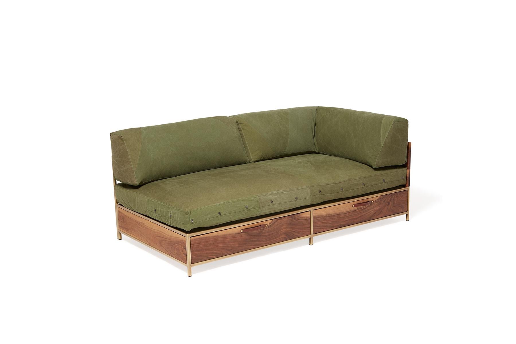 Walnut Vintage Military Canvas Guest Bed Sofa with Storage Drawers For Sale