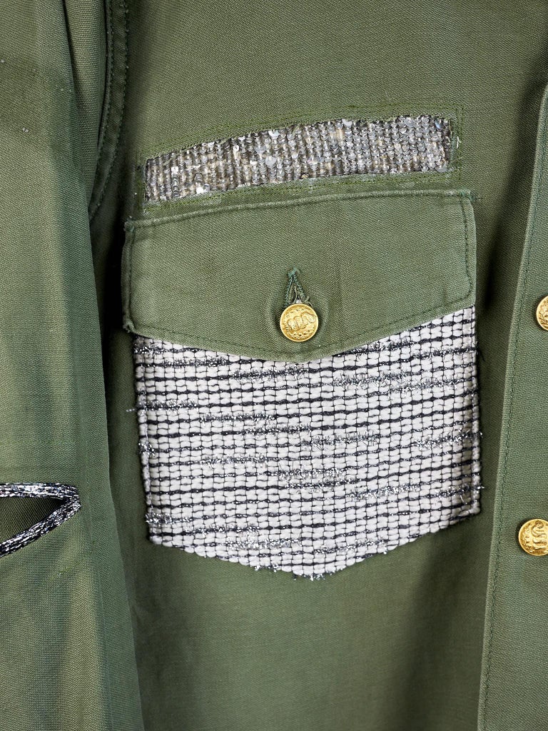 Military Jacket Green Repurposed Silk Sequin Tweed Sustainable Luxury