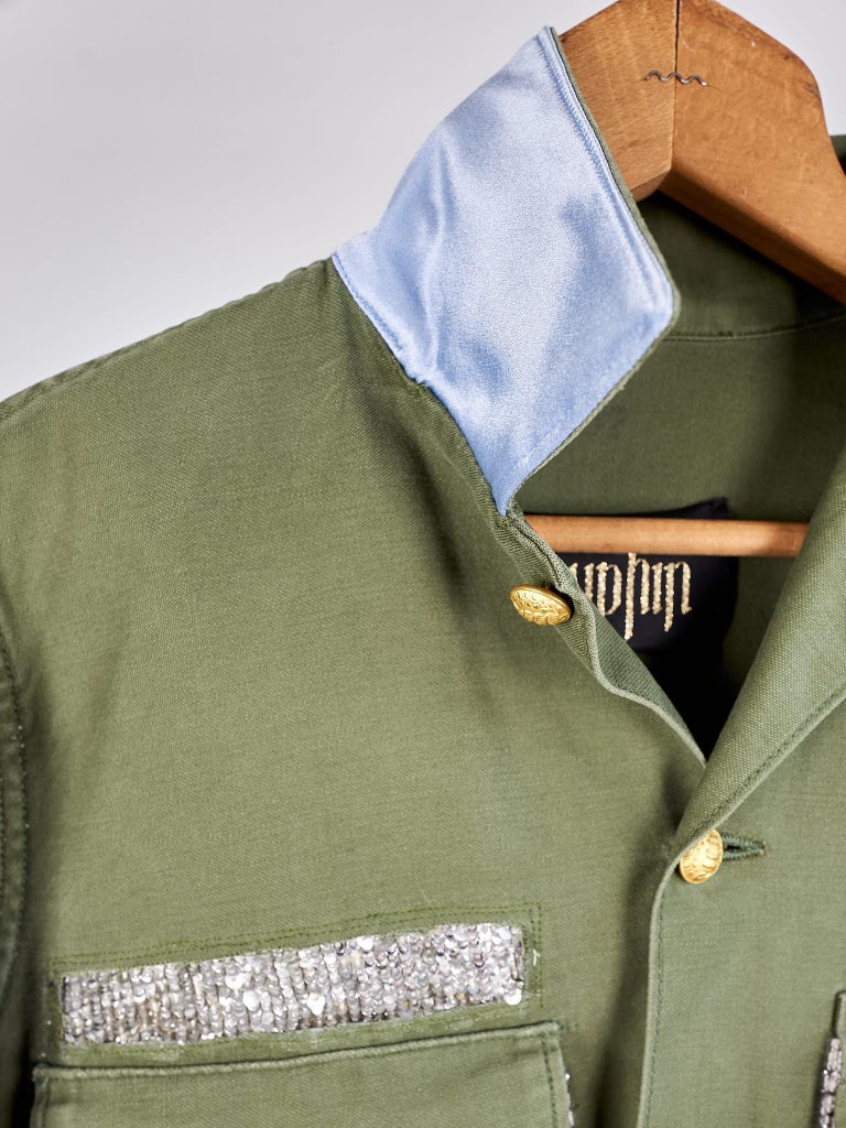 Military Jacket Green Repurposed Silk Sequin Tweed Sustainable Luxury